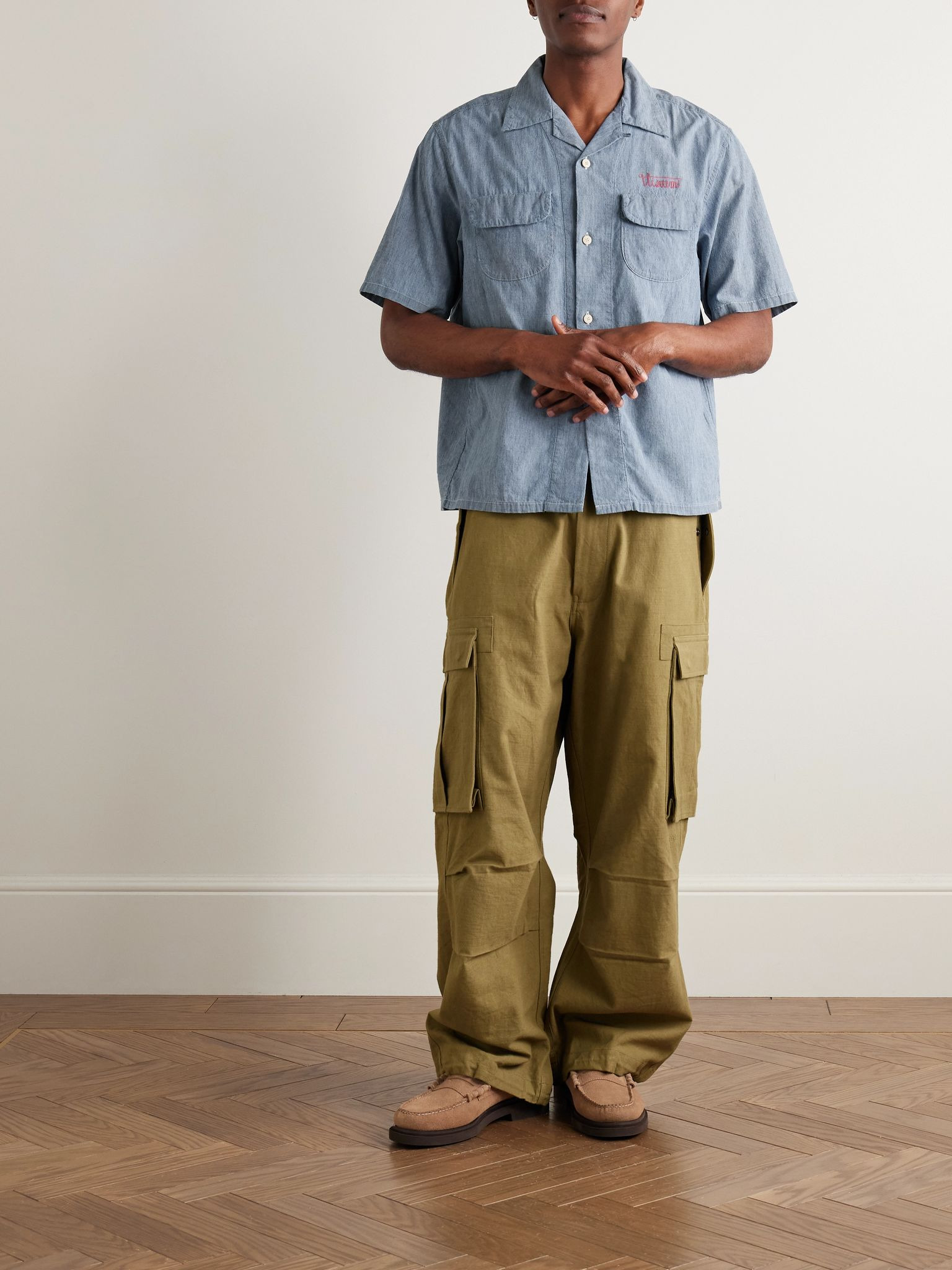 Keesey Convertible-Collar Logo-Embroidered Cotton and Silk-Blend Chambray Shirt Light blue - 2