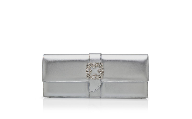 Silver Nappa Leather Jewel Buckle Clutch 1