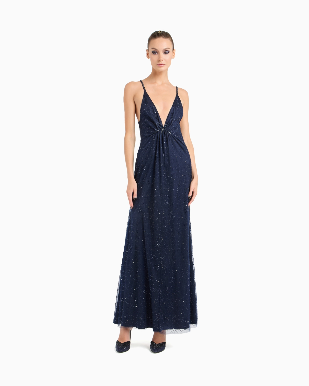 SILK BLEND LONG DRESS WITH RHINESTONE EMBROIDERY - 4