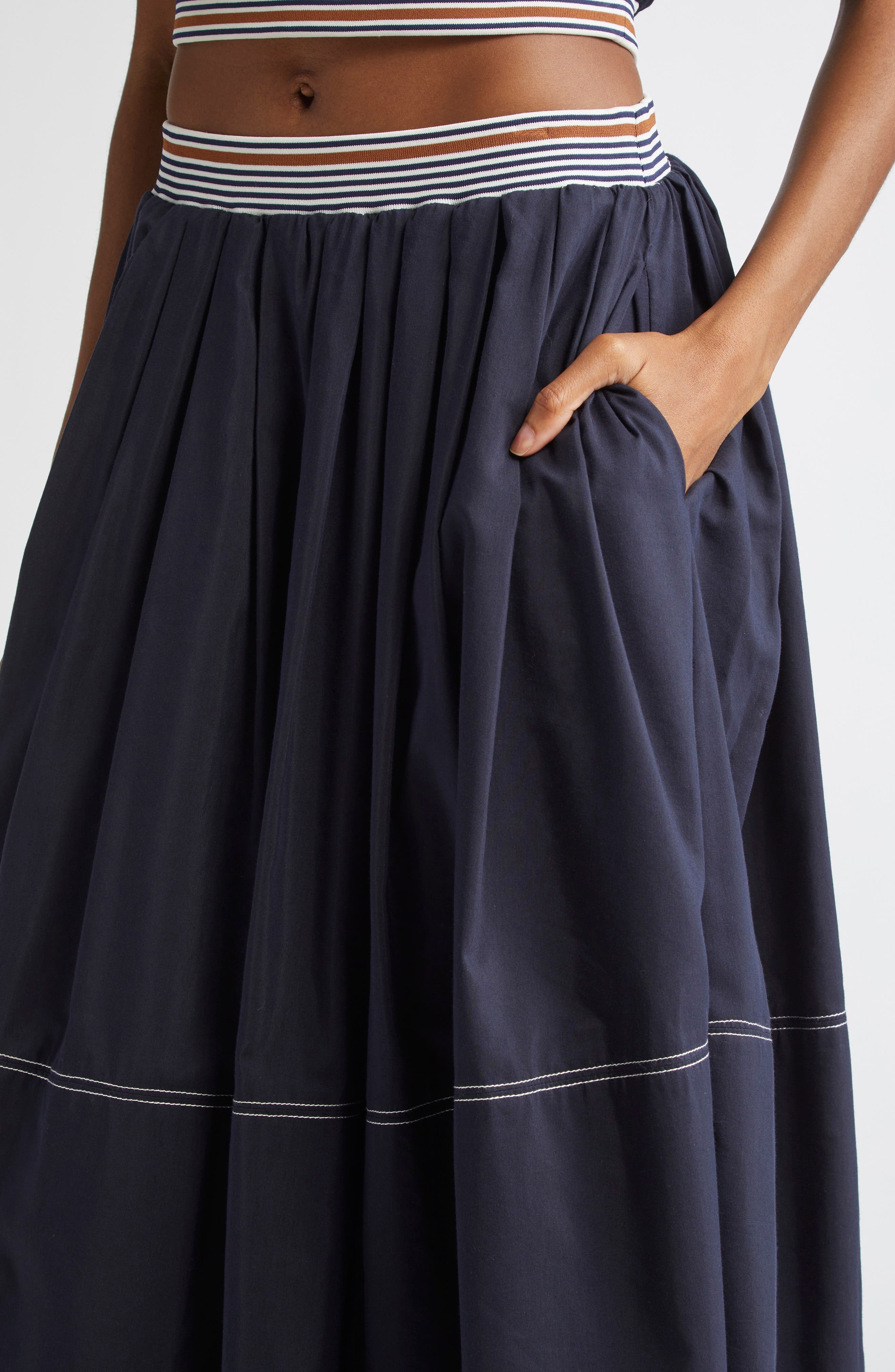 Veronica Beard Evelina Topstitch Detail Cotton & Silk Skirt in Navy at Nordstrom - 5