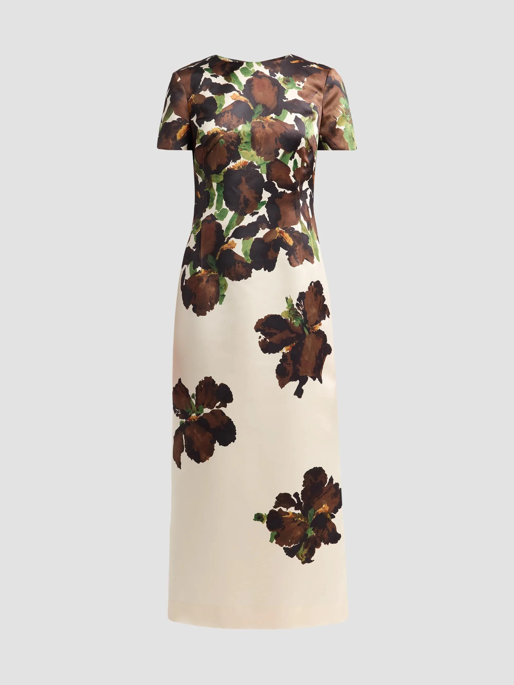Women's Watercolor Iris Satin Cocktail Dress - Brown Ivory - 1