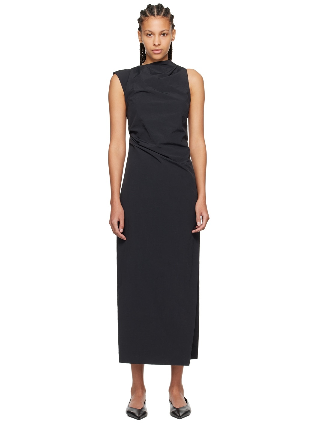 Black Asymmetric Neck Midi Dress - 1