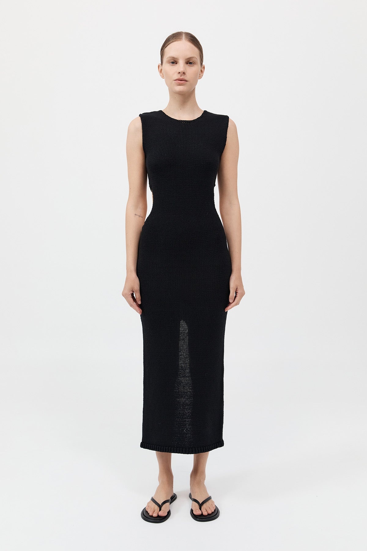 Linen Silk Blend Cut Out Dress - Black - 2