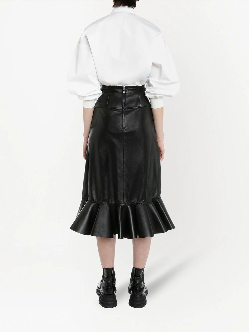 ruffle mid-length leather skirt - 6