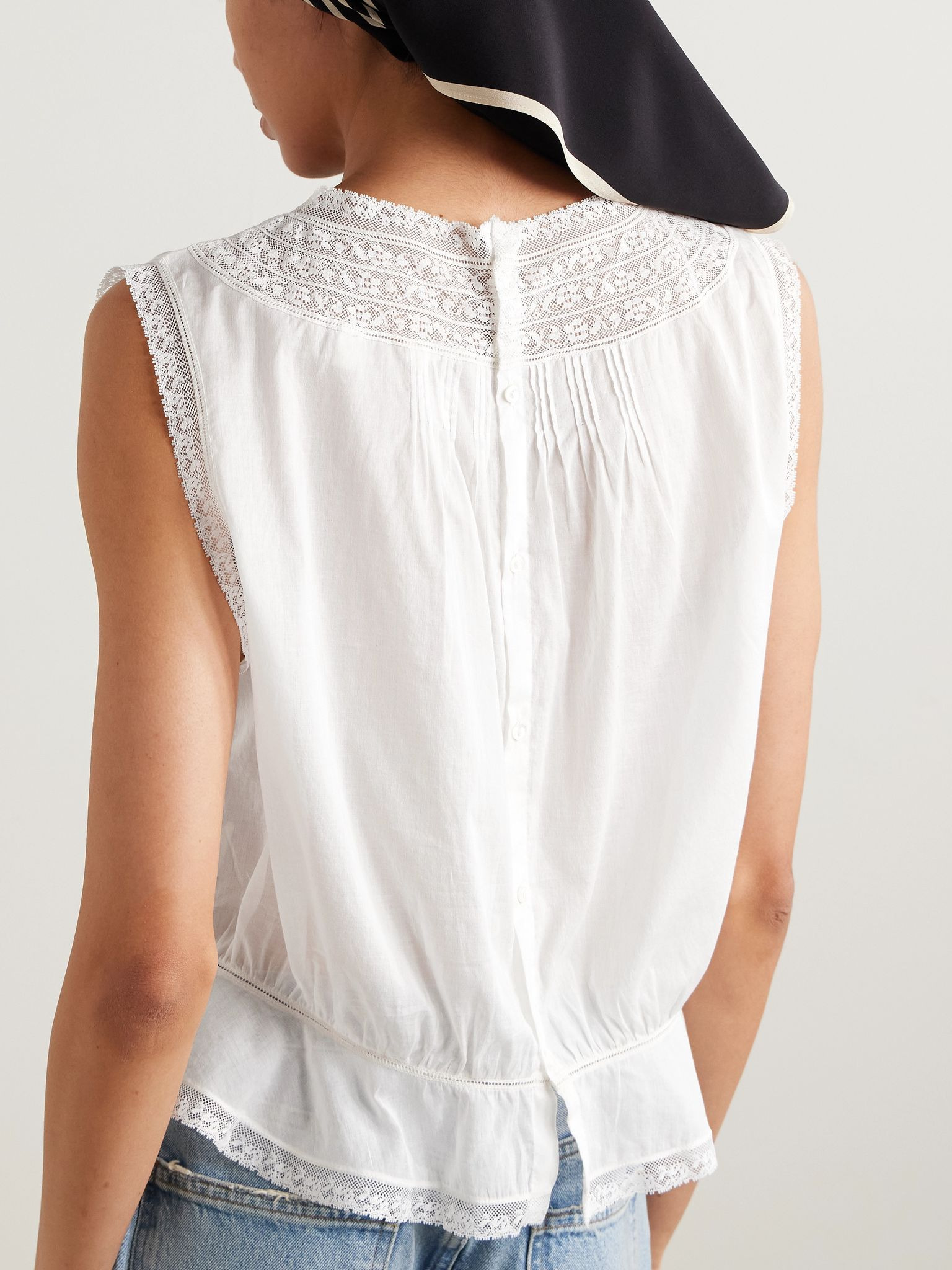Lilibet lace-trimmed pintucked organic cotton-voile top Off-white - 4