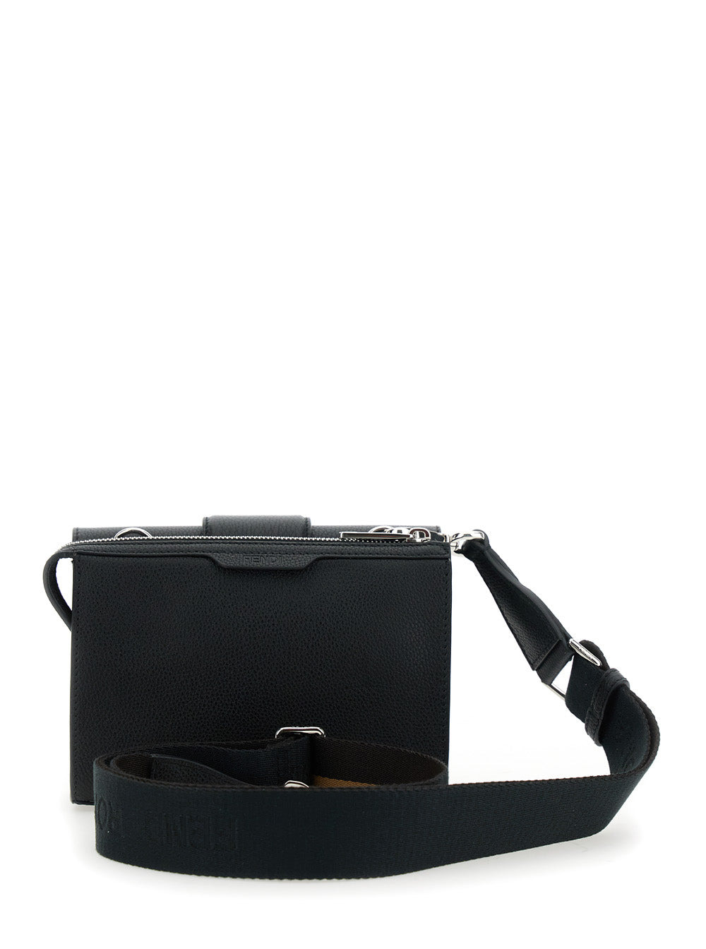 Fendi Men 'Baguette Double' Black Crossbody Bag With Ff Plaque On The Front In Hammered Leather Woma - 4
