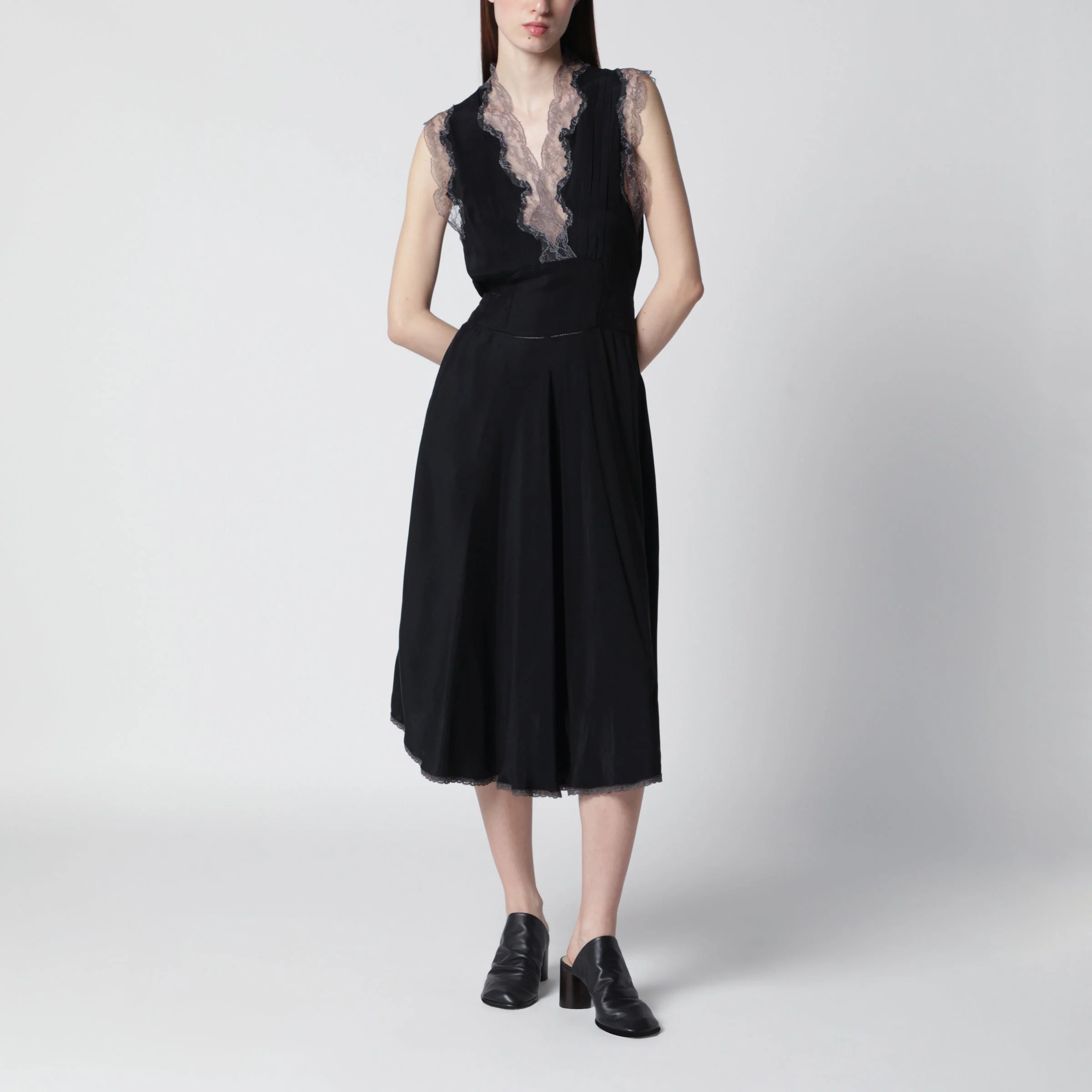 Black silk midi dress with lace - 1