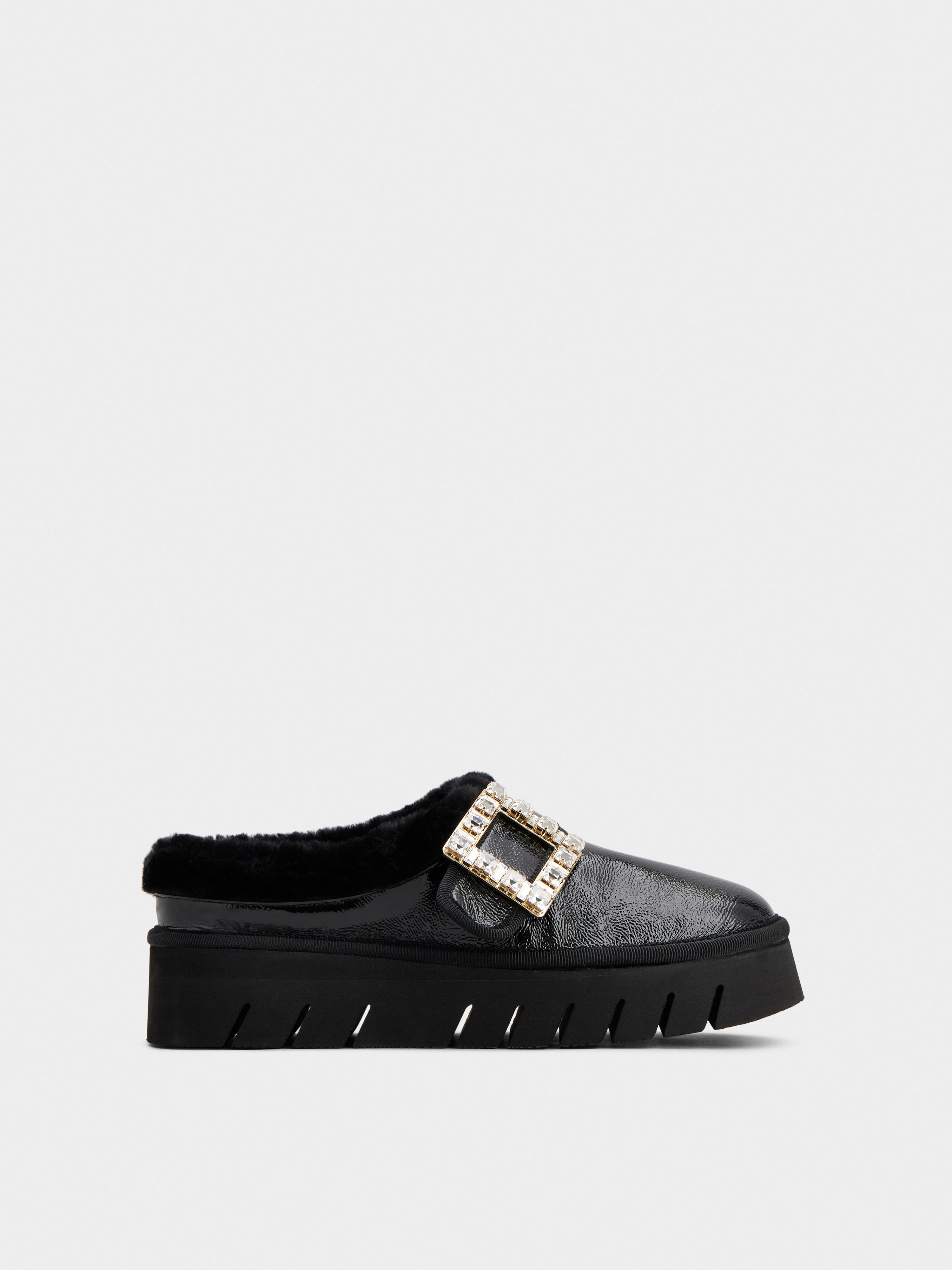 Viv' Winter Fur Strass Buckle Slippers in Patent Leather - 1
