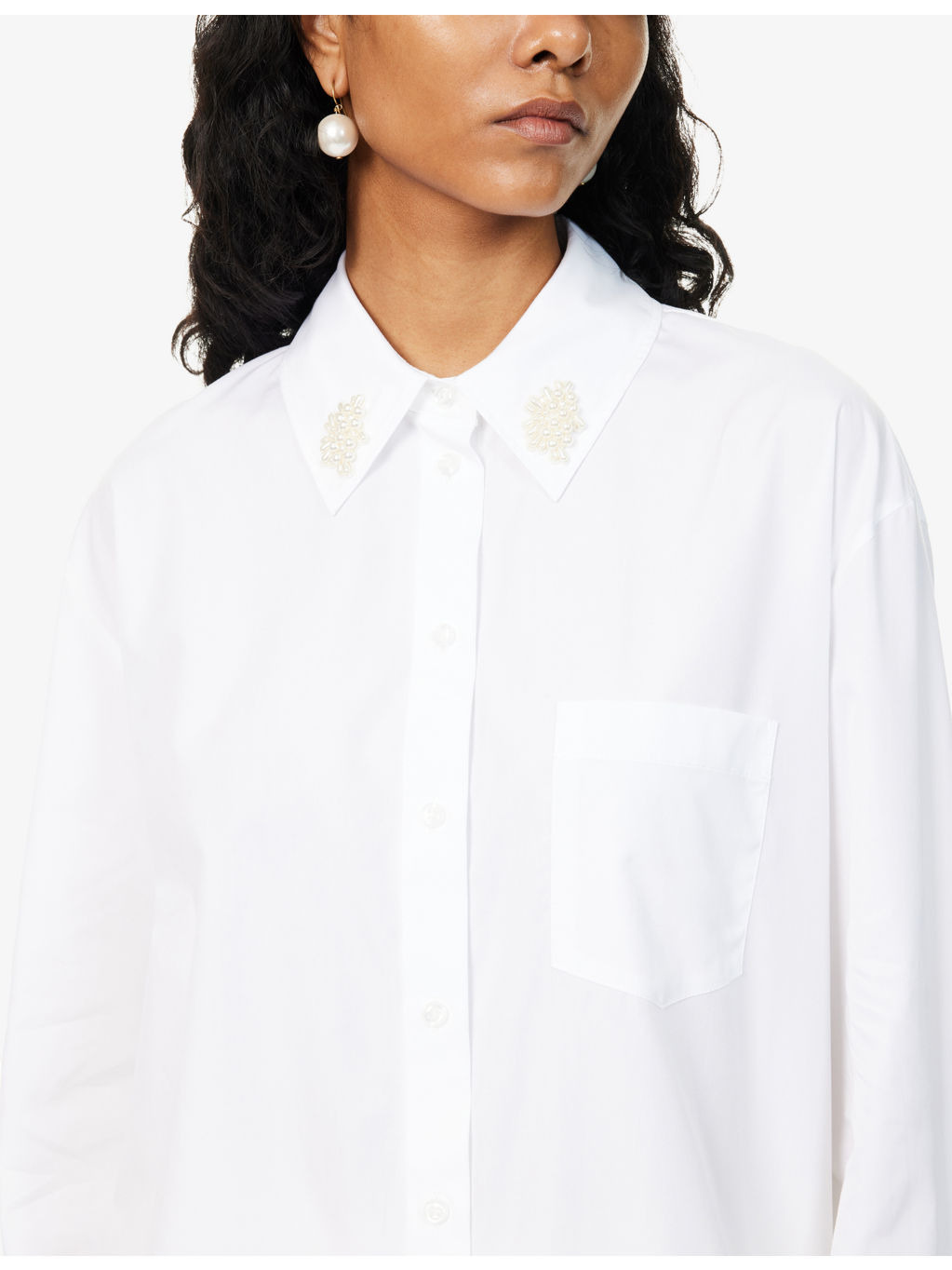 Beads-Embellishment Wide-Cuffs Cotton-Poplin Shirt - 5
