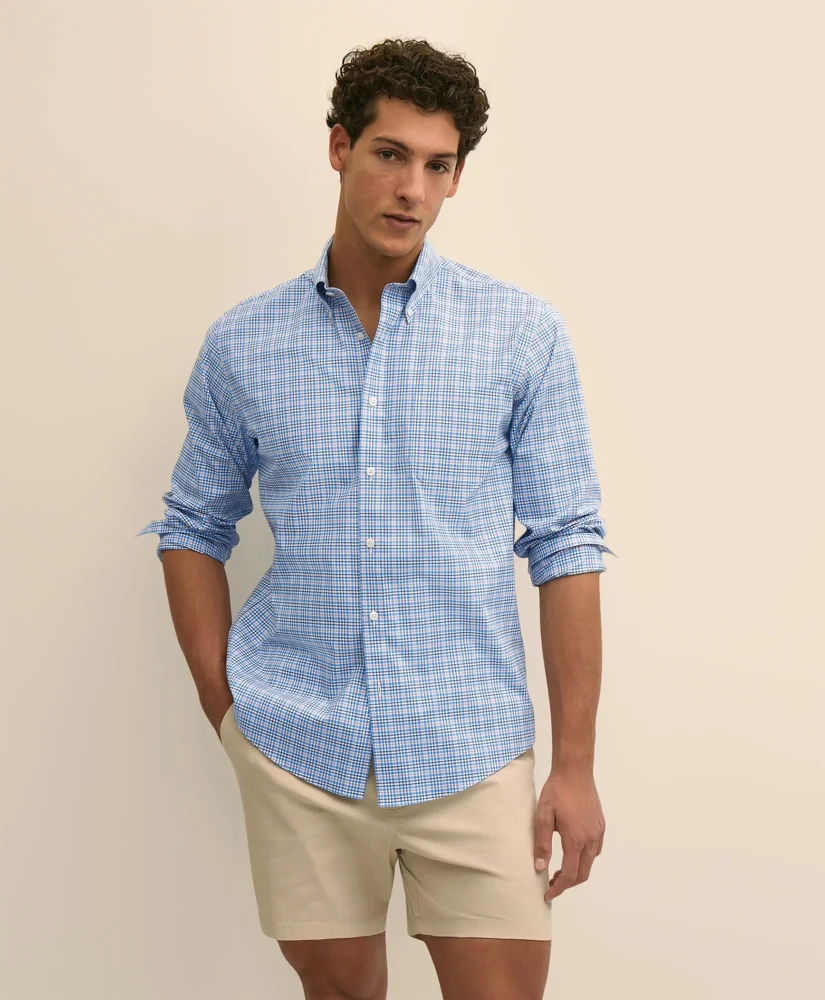 Stretch Cotton Non-Iron Broadcloth Polo Button-Down Collar, Multi-Check Sport Shirt - 1