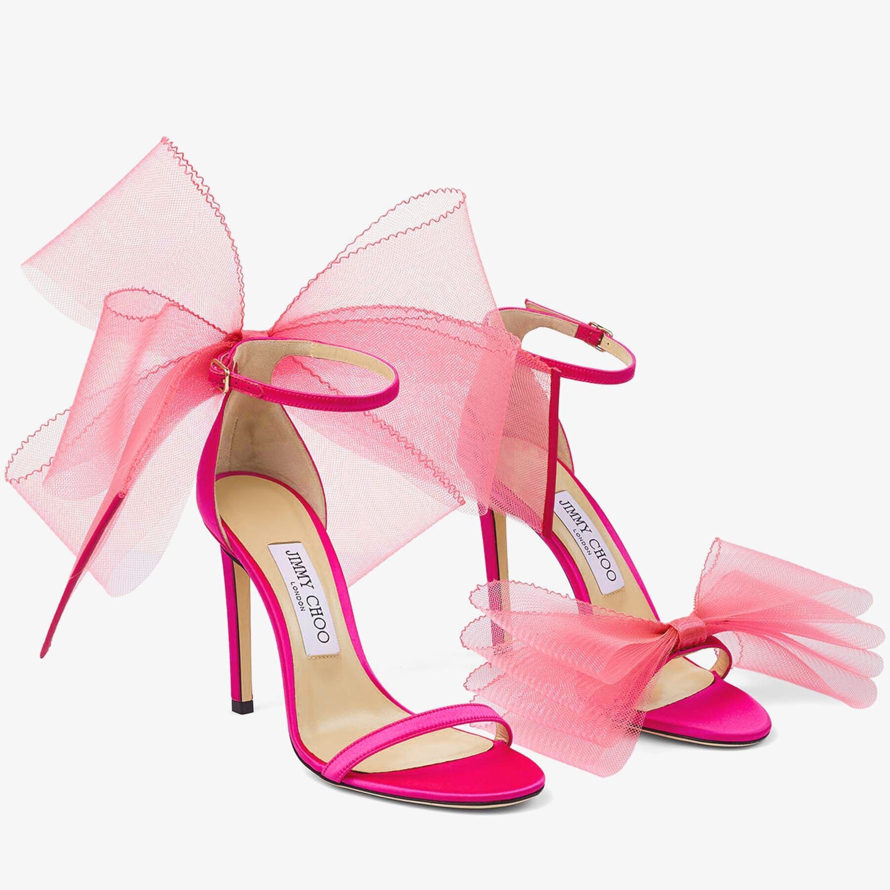 Aveline 100
Fuchsia Sandals with Asymmetric Grosgrain Mesh Fascinator Bows - 4