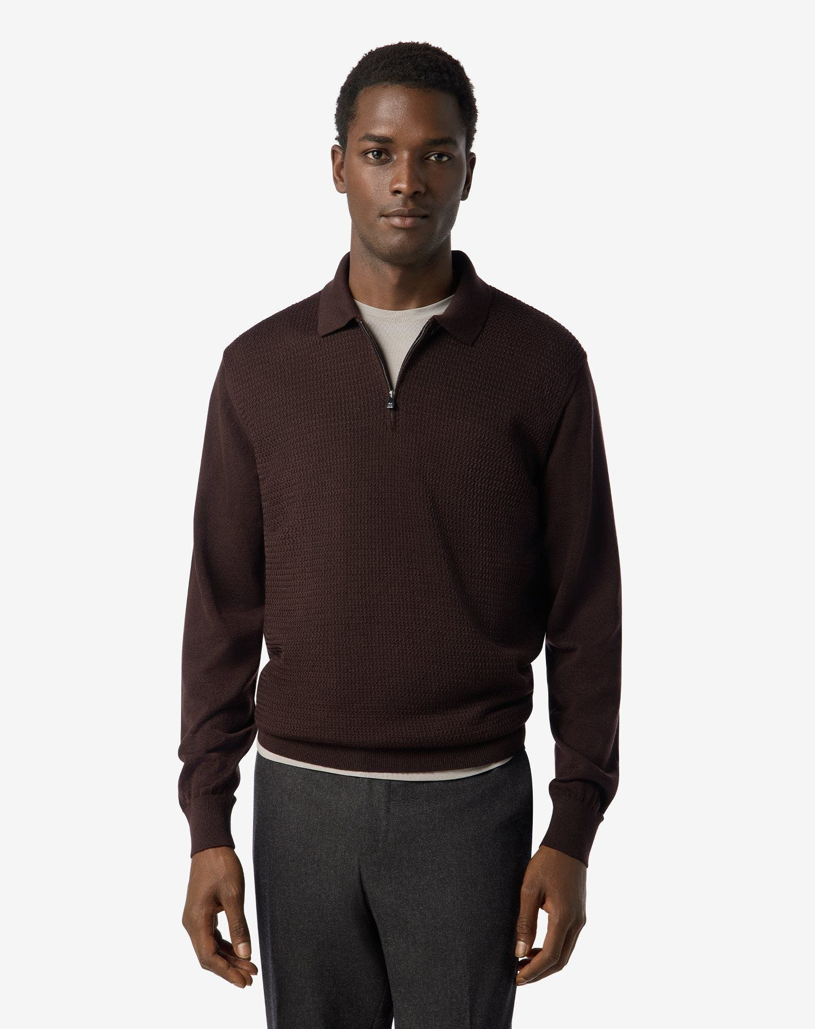 Brown zip-up extra fine wool polo shirt - 2