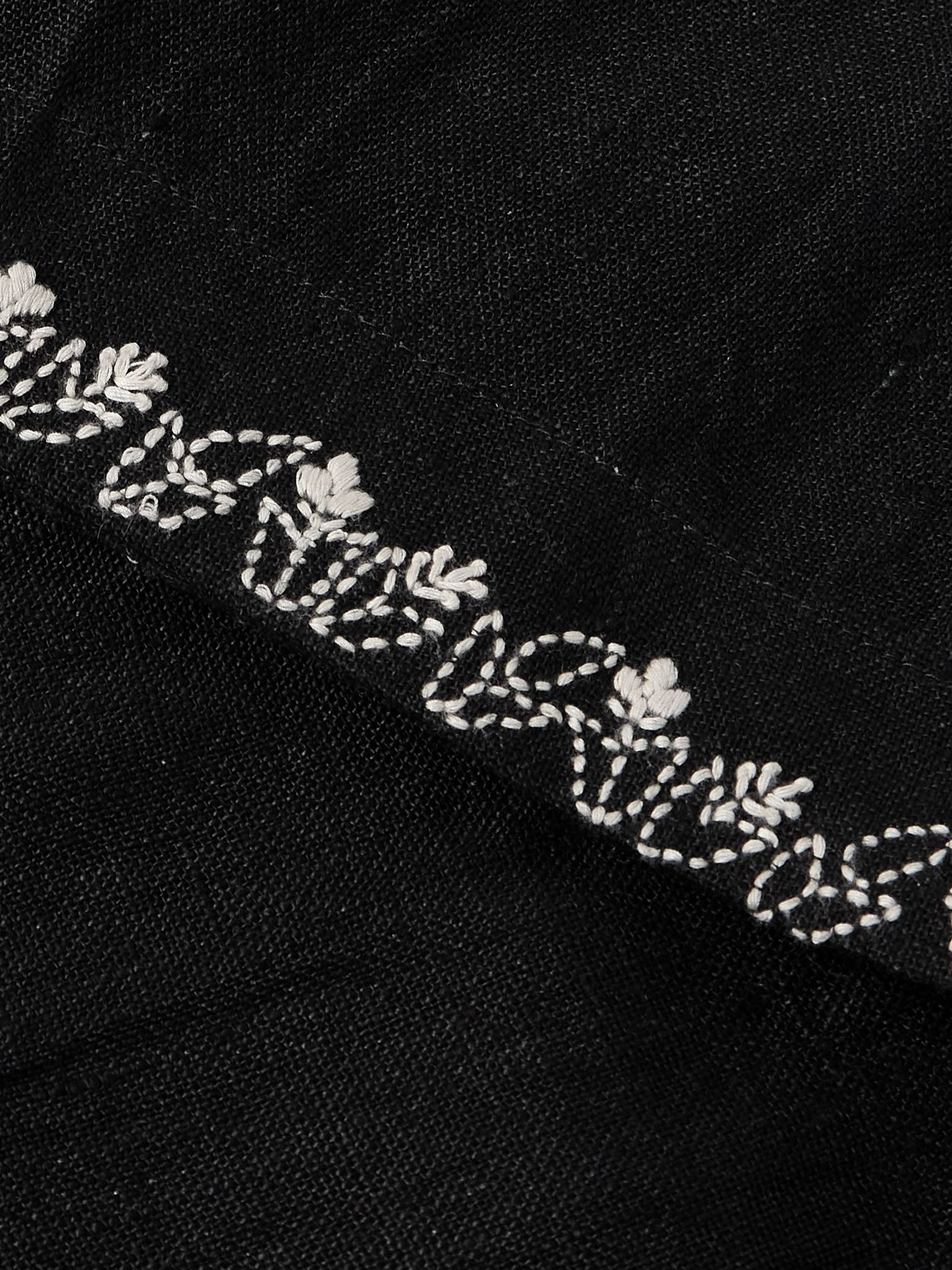 Straight-Leg Pleated Embroidered Linen Shorts Black - 5