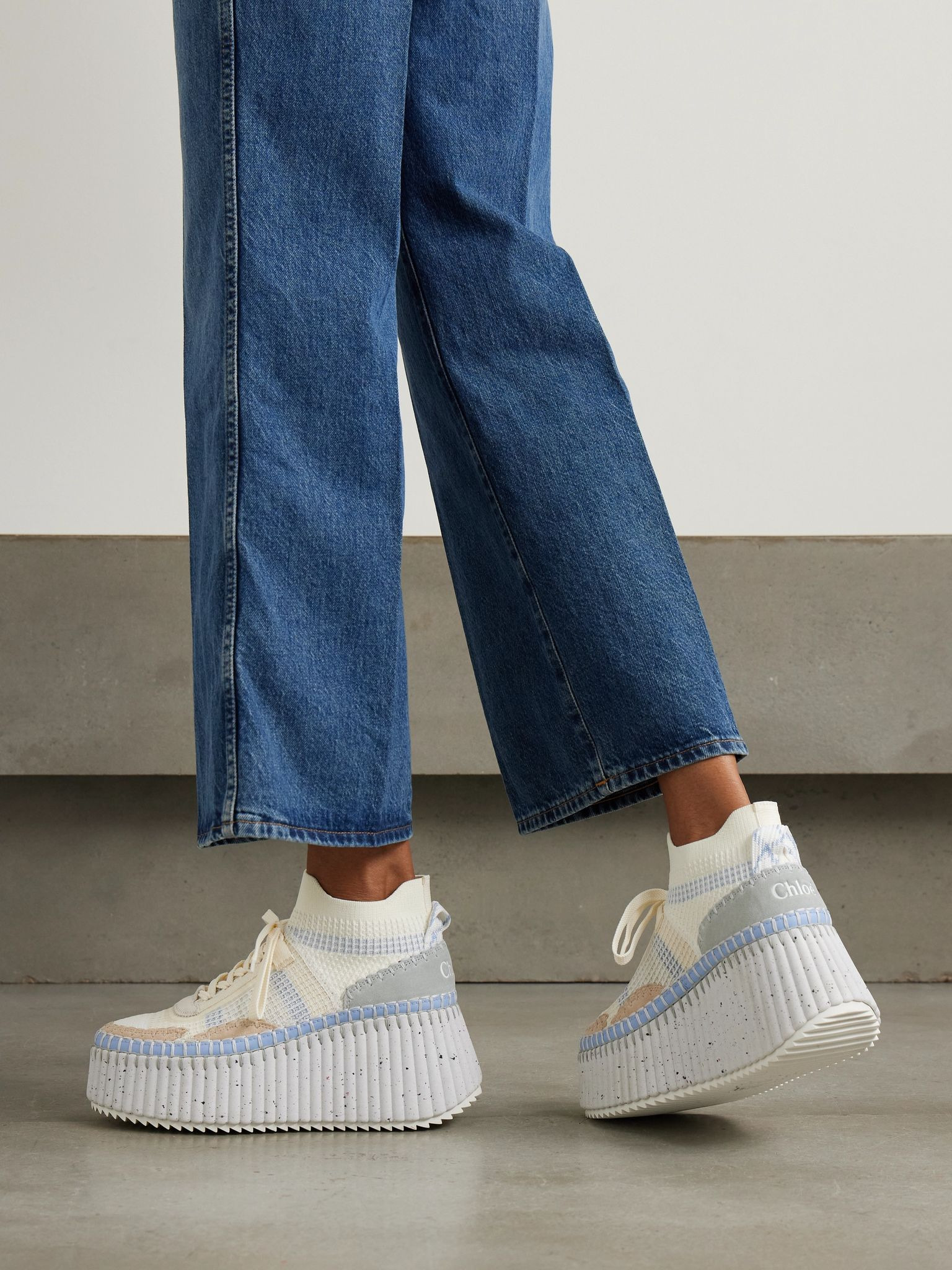 Nama Leather-trimmed embroidered suede and mesh platform sneakers White - 2