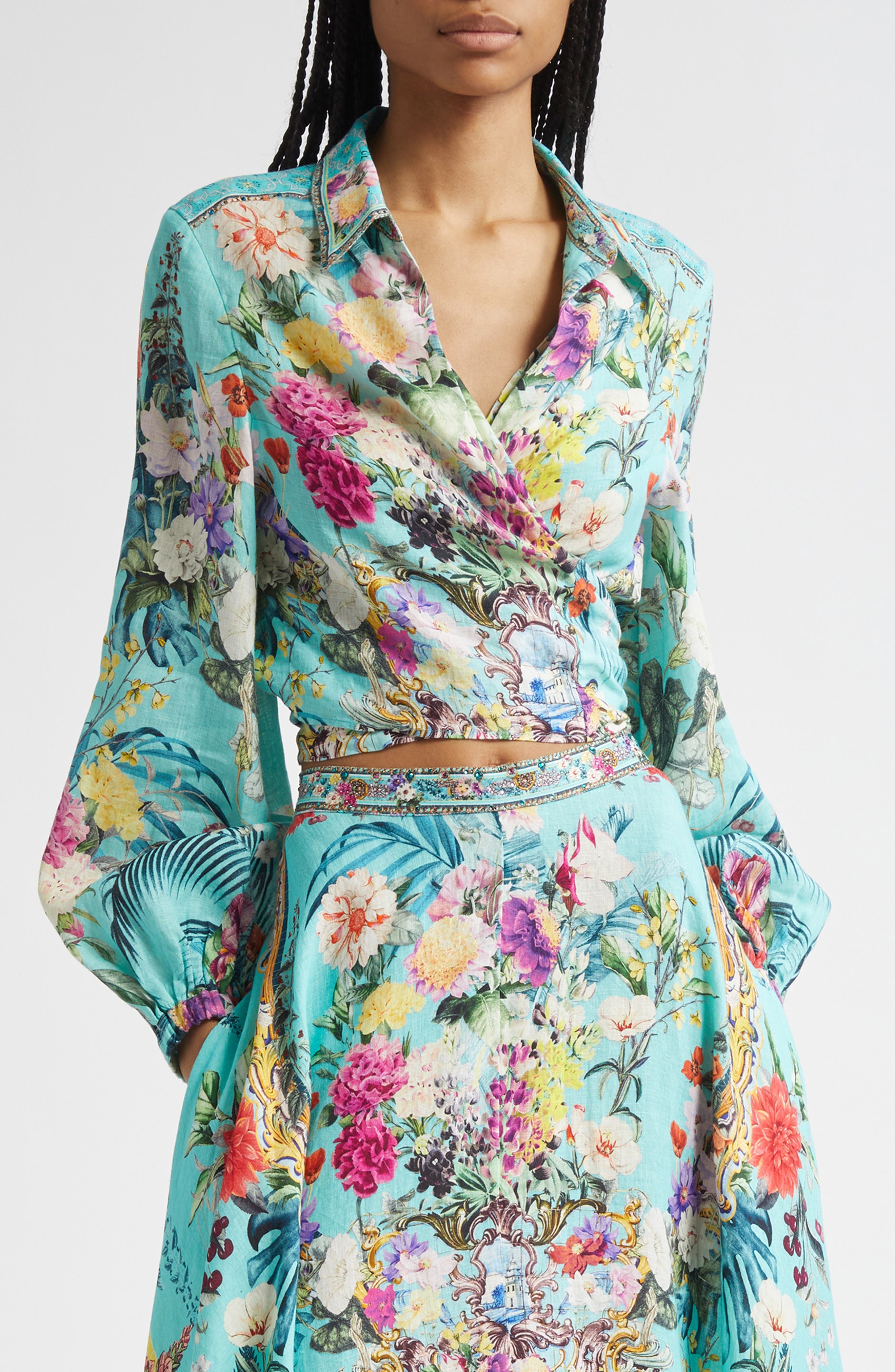 Camilla Crystal Embellished Crop Linen Wrap Shirt in Gardens Of Queluz at Nordstrom - 1