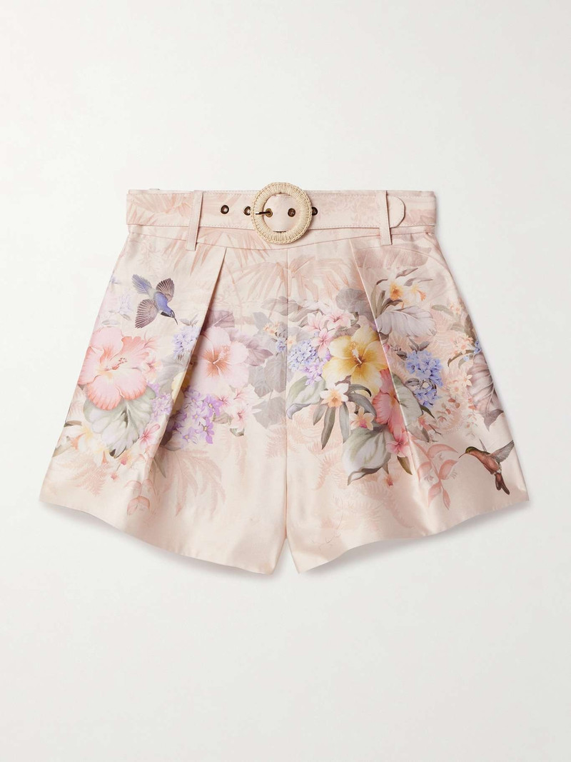 Illuminate belted pleated floral-print silk and cotton-blend shorts Blush - 1