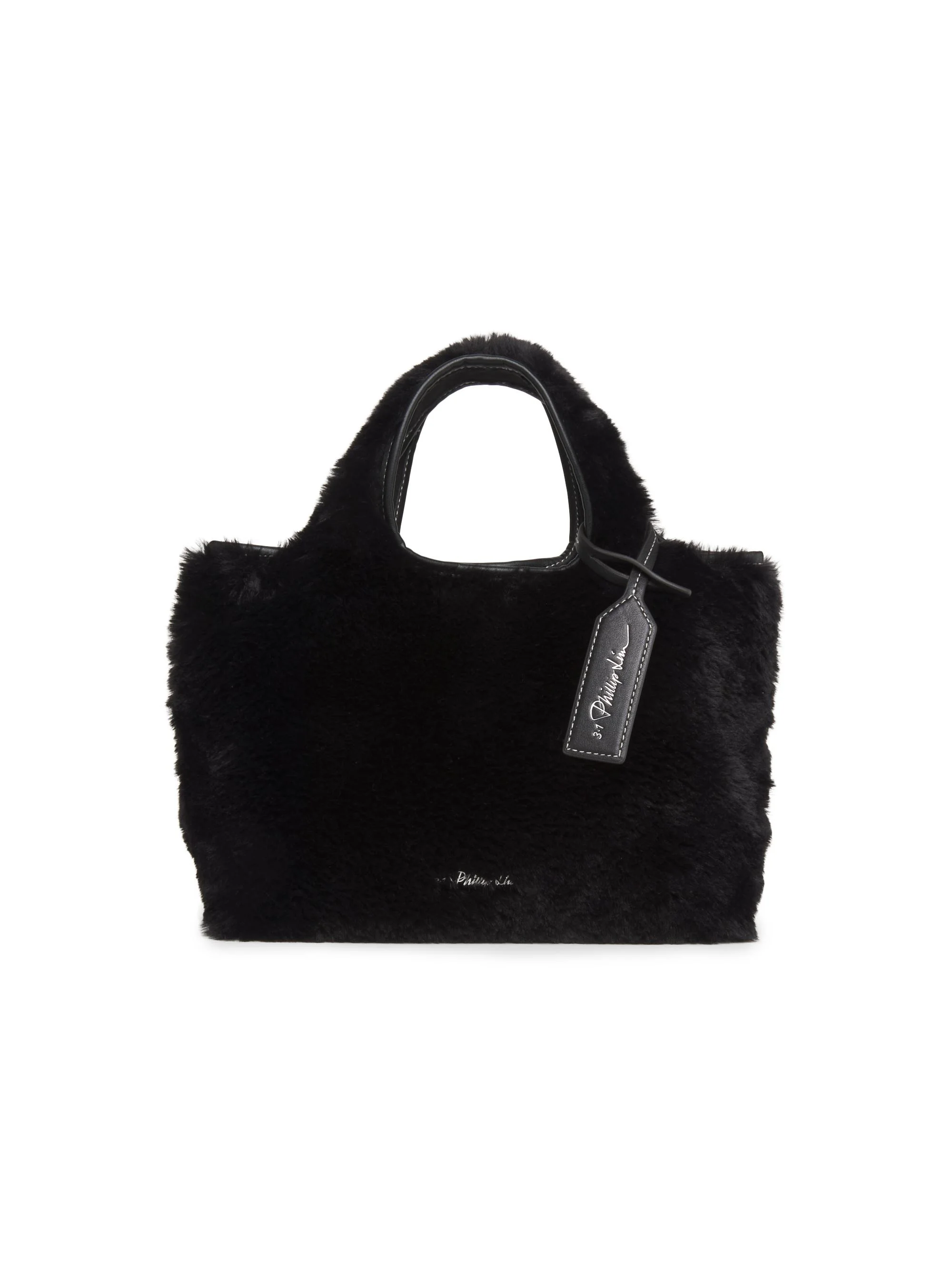 Women's Mini Faux Fur Market Tote Bag - Black - 1