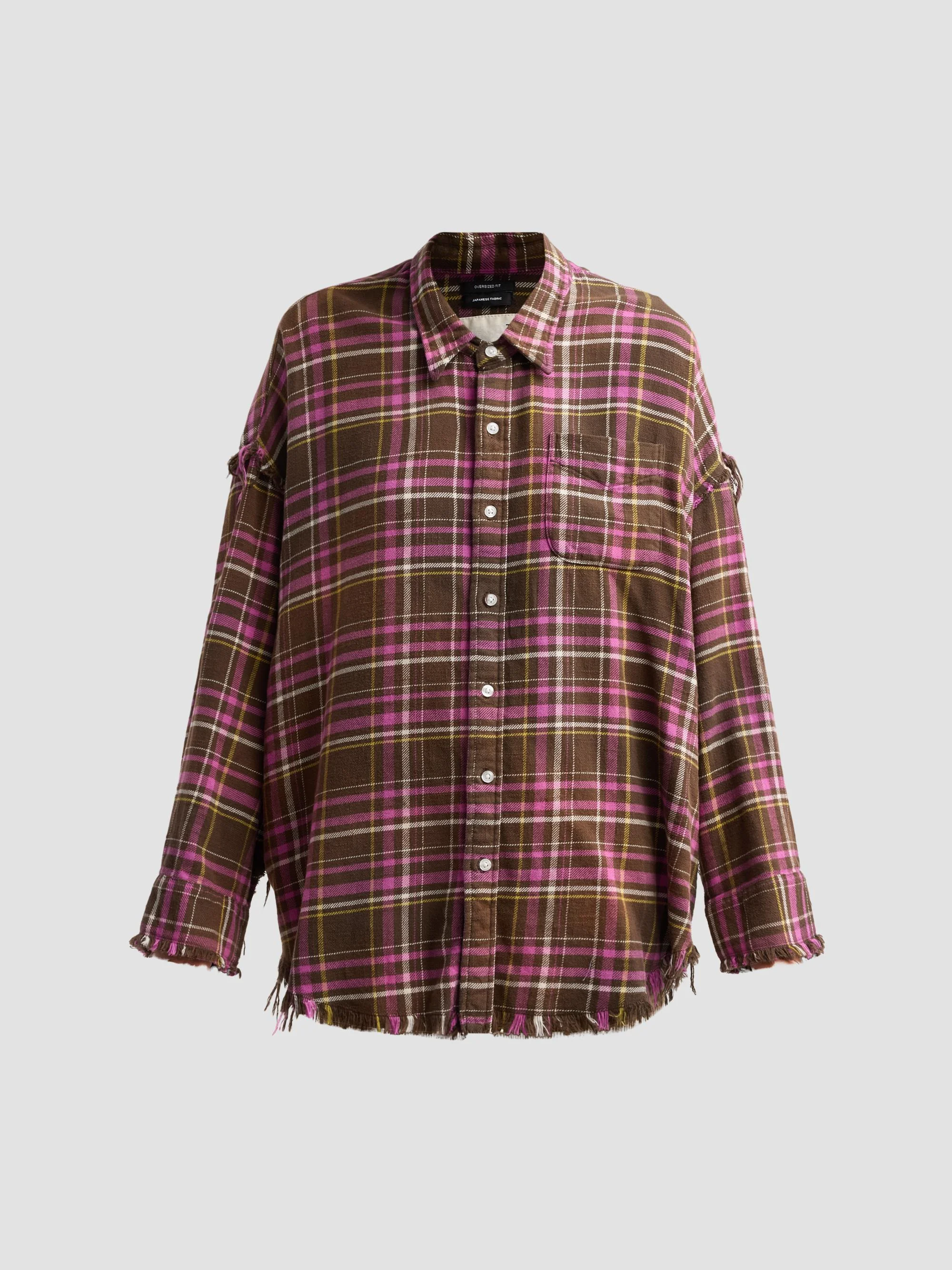 Women's Shredded Seam Drop Neck Shirt - Brown Pink Plaid - 1