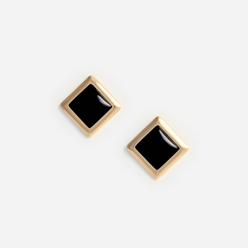 Black Enamel Gold Square Earrings - 1
