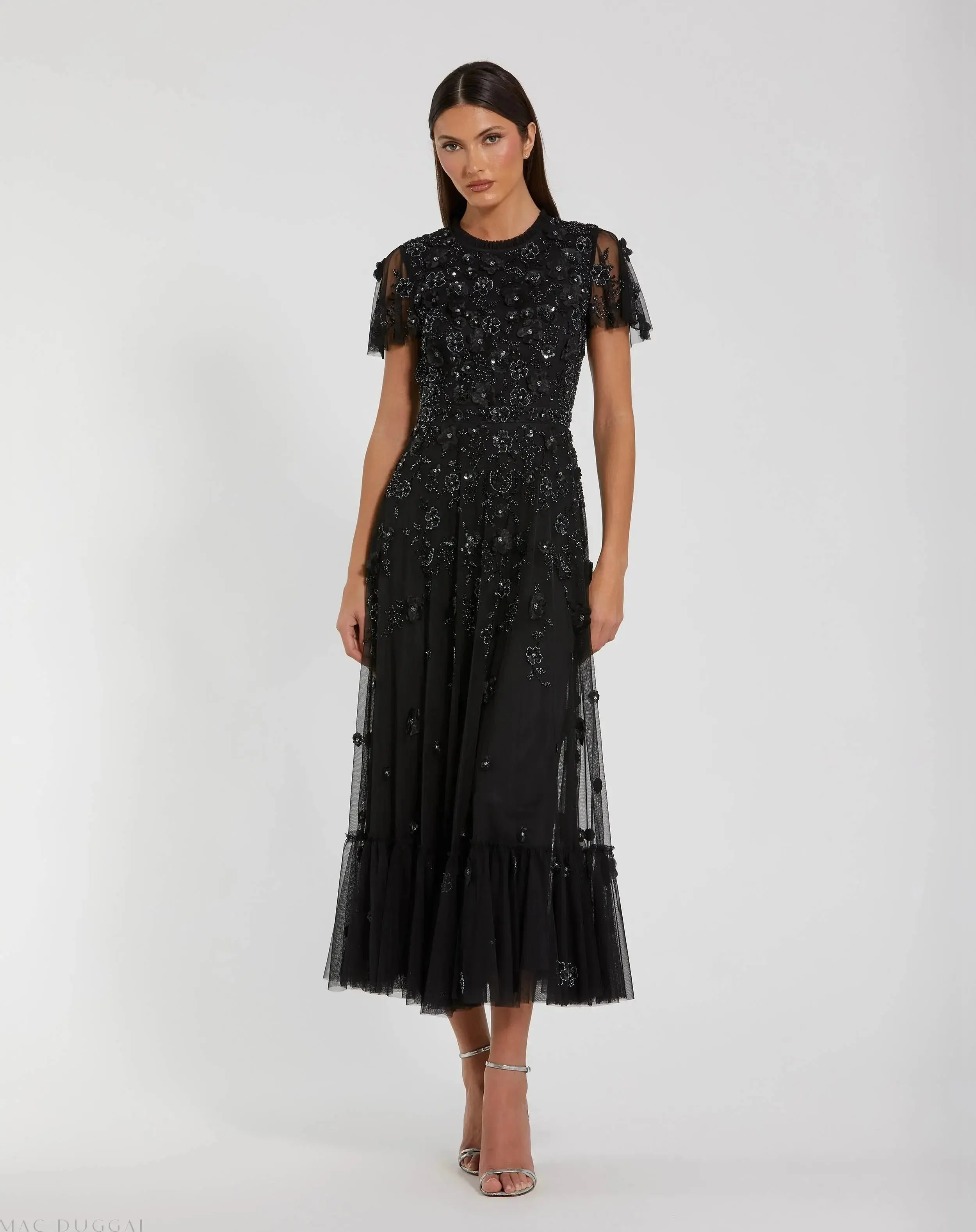 Black Embellished High Neck Flutter Sleeve A Line Dress - 1