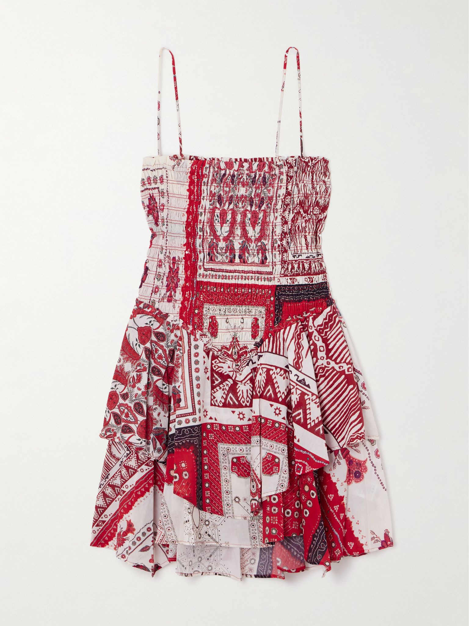 Anka tiered smocked bandana-print cotton mini dress Red - 1