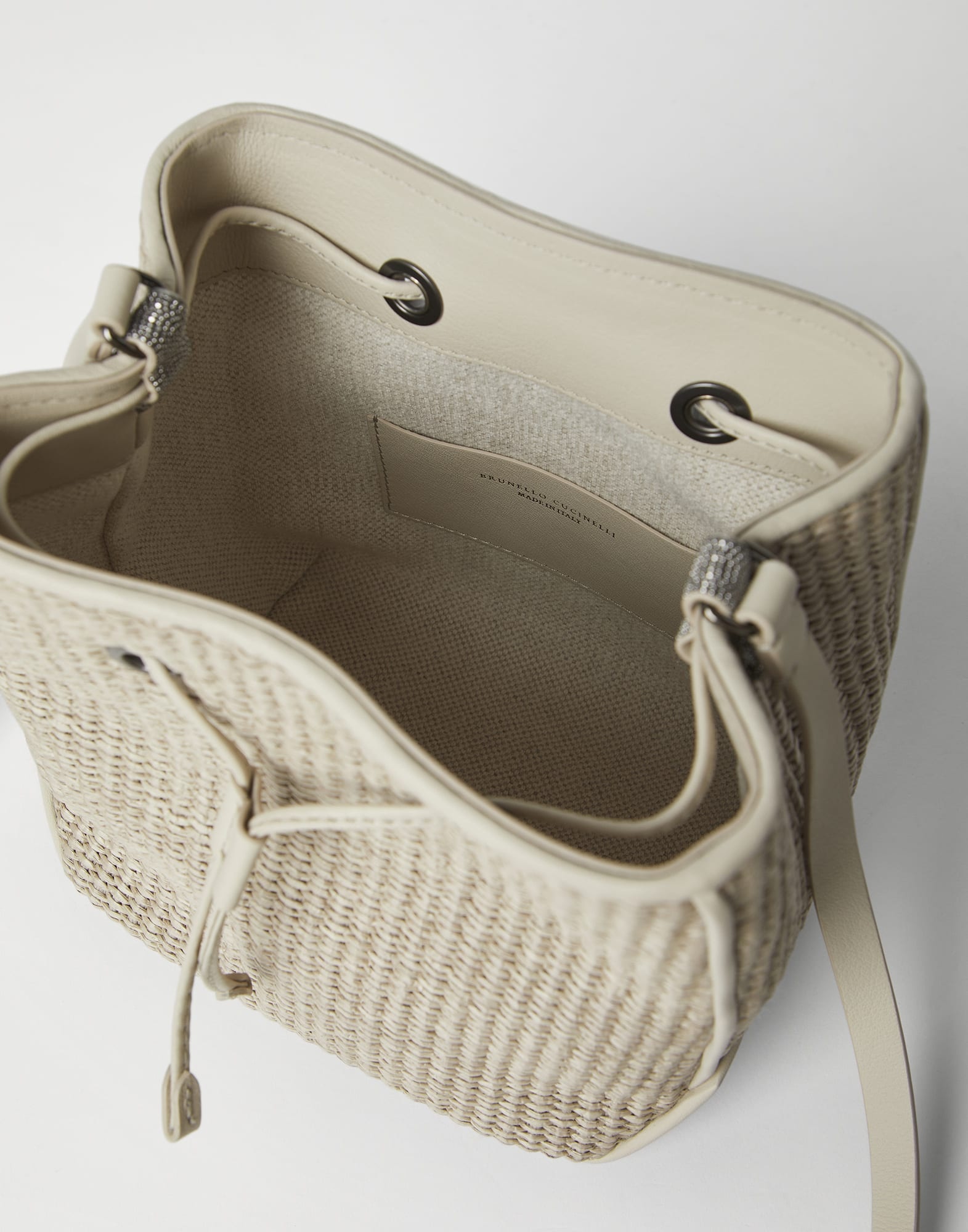 Techno raffia bucket bag with monili 5