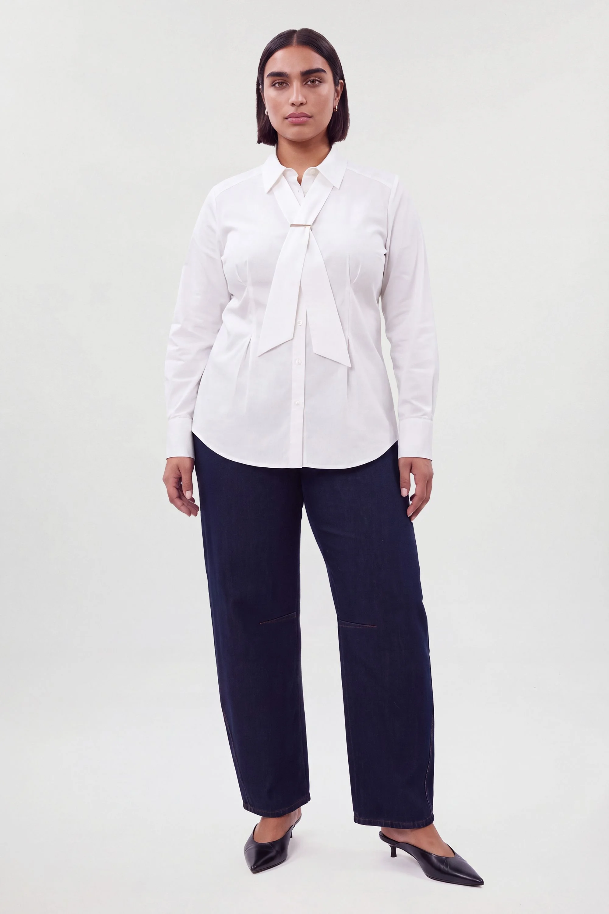 Plus Size Cotton Poplin Tie Neck Trim Detail Collared Shirt - 1