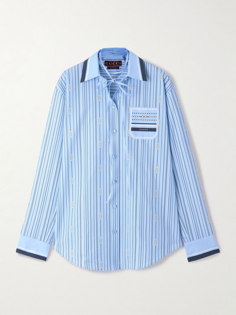 Tie-neck printed cotton-poplin shirt Azure 1