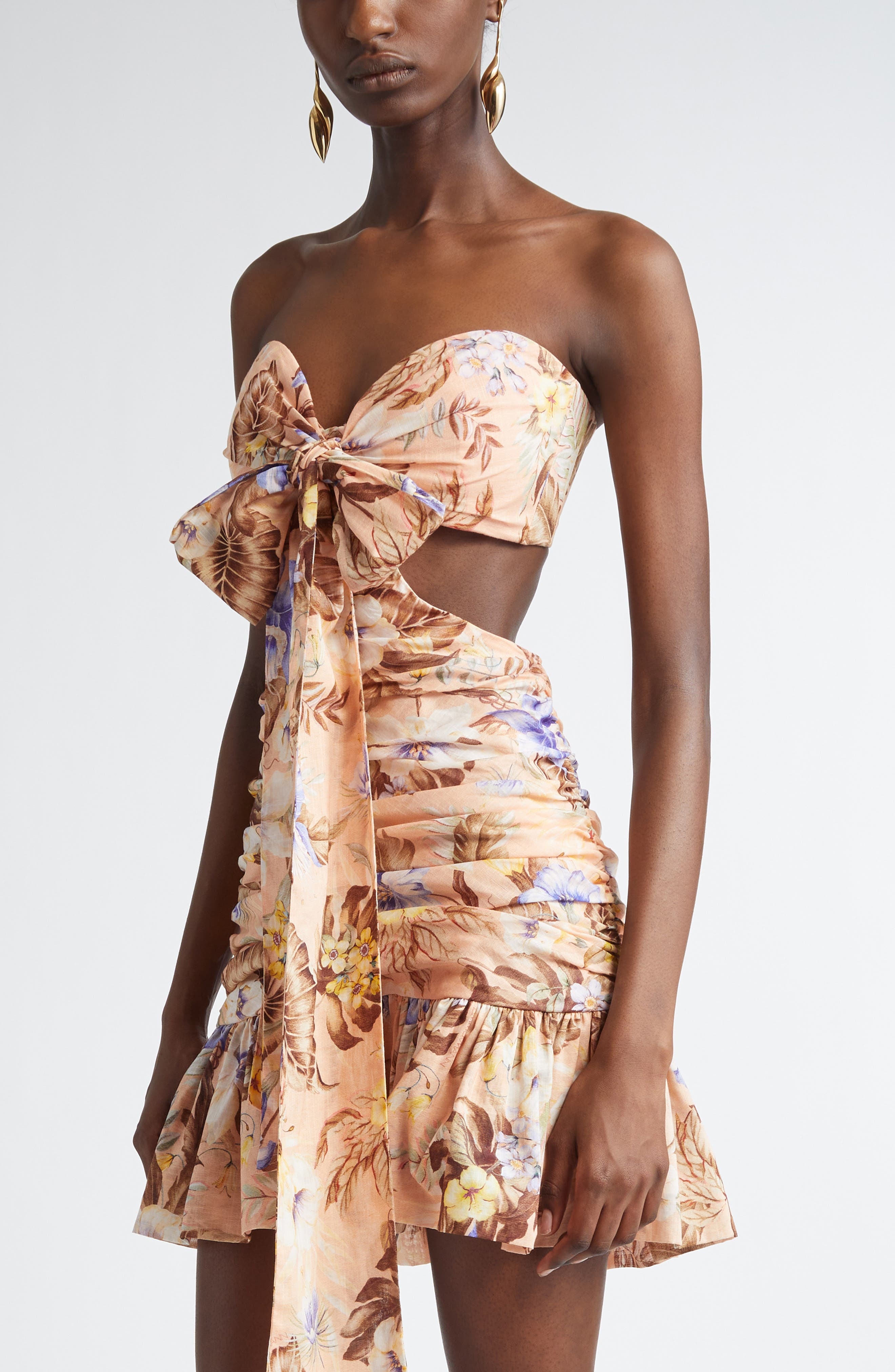 Zimmermann Coco Floral Print Bow Detail Minidres in Peach Multi Floral at Nordstrom - 3