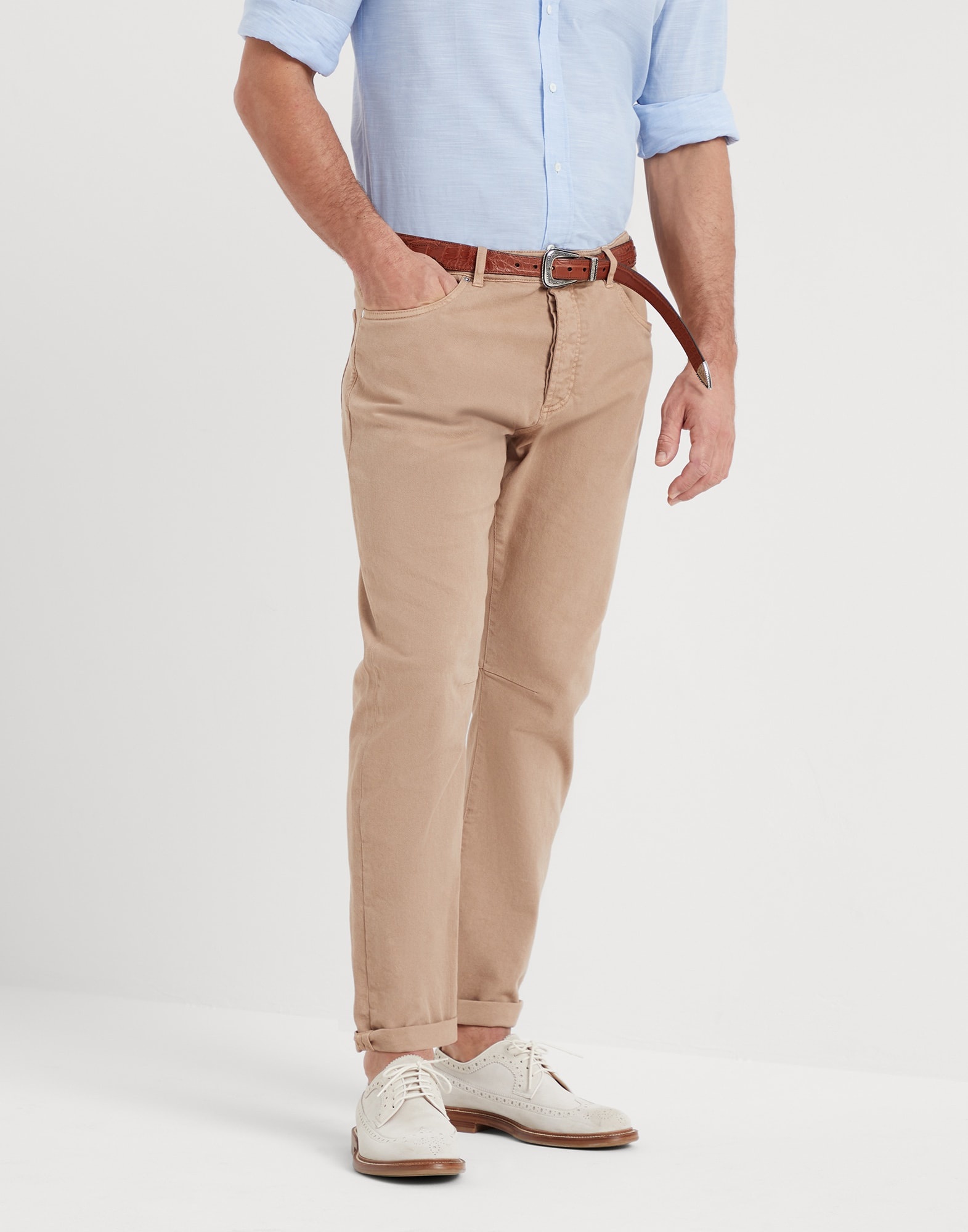 Garment-dyed comfort denim leisure fit five-pocket trousers - 1