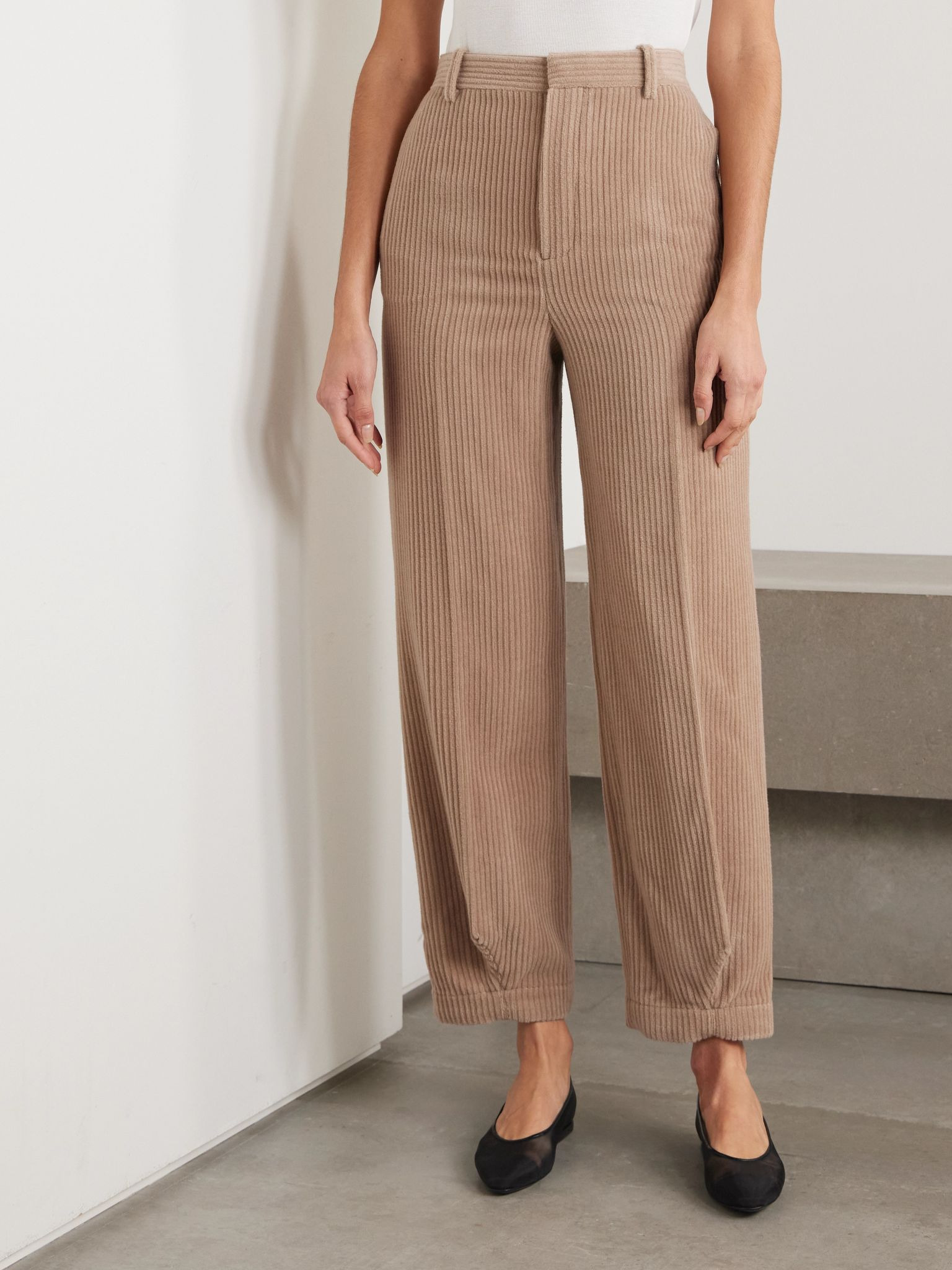 Cropped cotton and cashmere-blend corduroy tapered pants Beige - 3