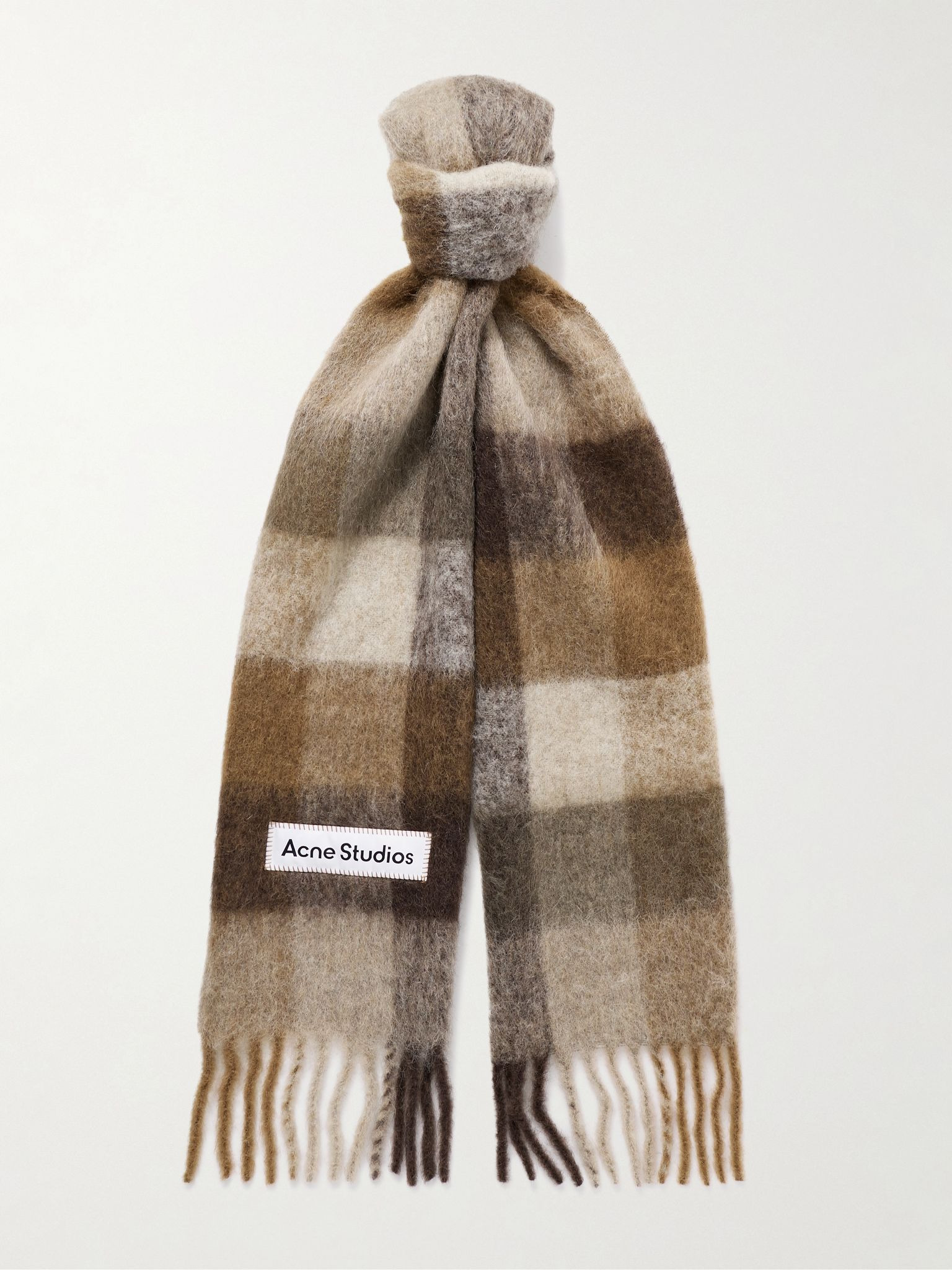 Vally Fringed Checked Knitted Scarf Brown - 1