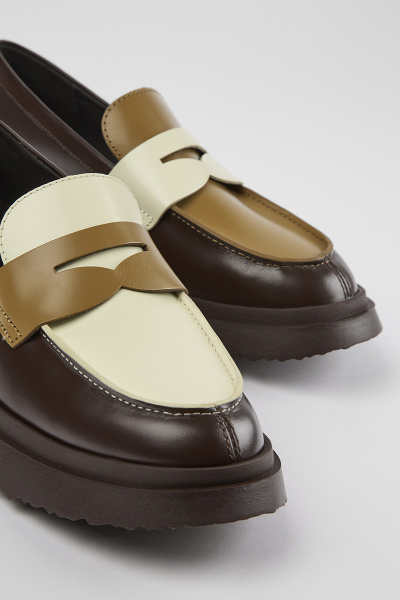 Brown and white leather loafers for women 2