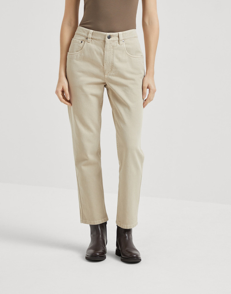 Dyed denim five-pocket straight trousers with shiny bartack 1
