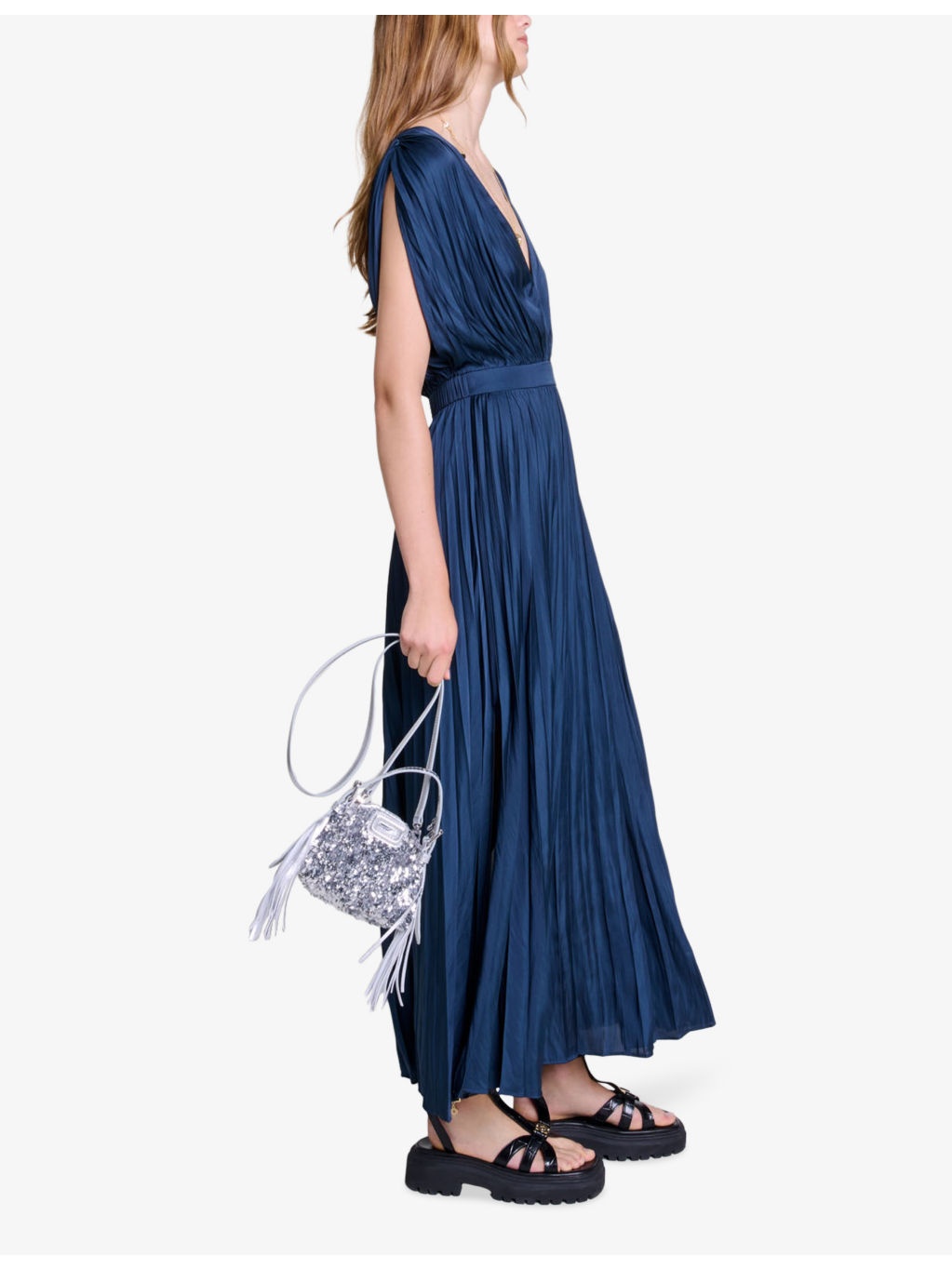 V-neck pleated woven maxi dress - 3