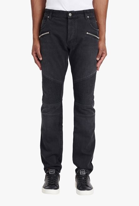 Slim cut faded and ridged black cotton jeans with Balmain monogram on hem - 5