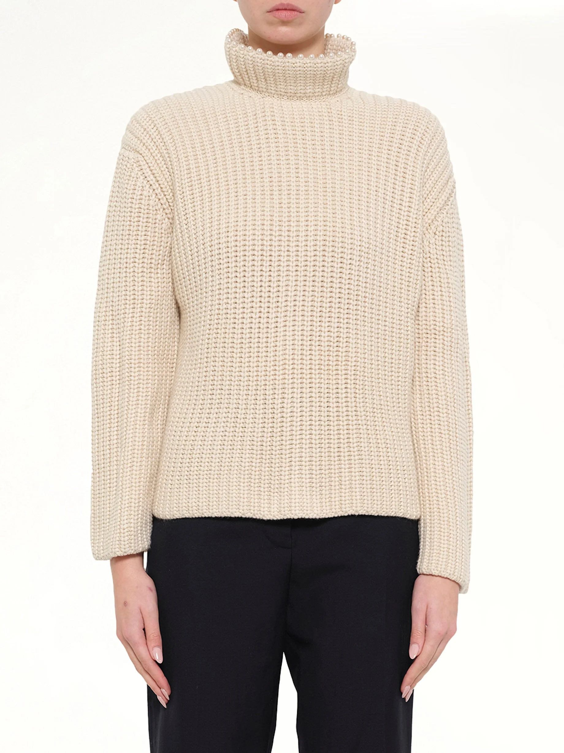 Crop Pearls Sweater in Beige - 1