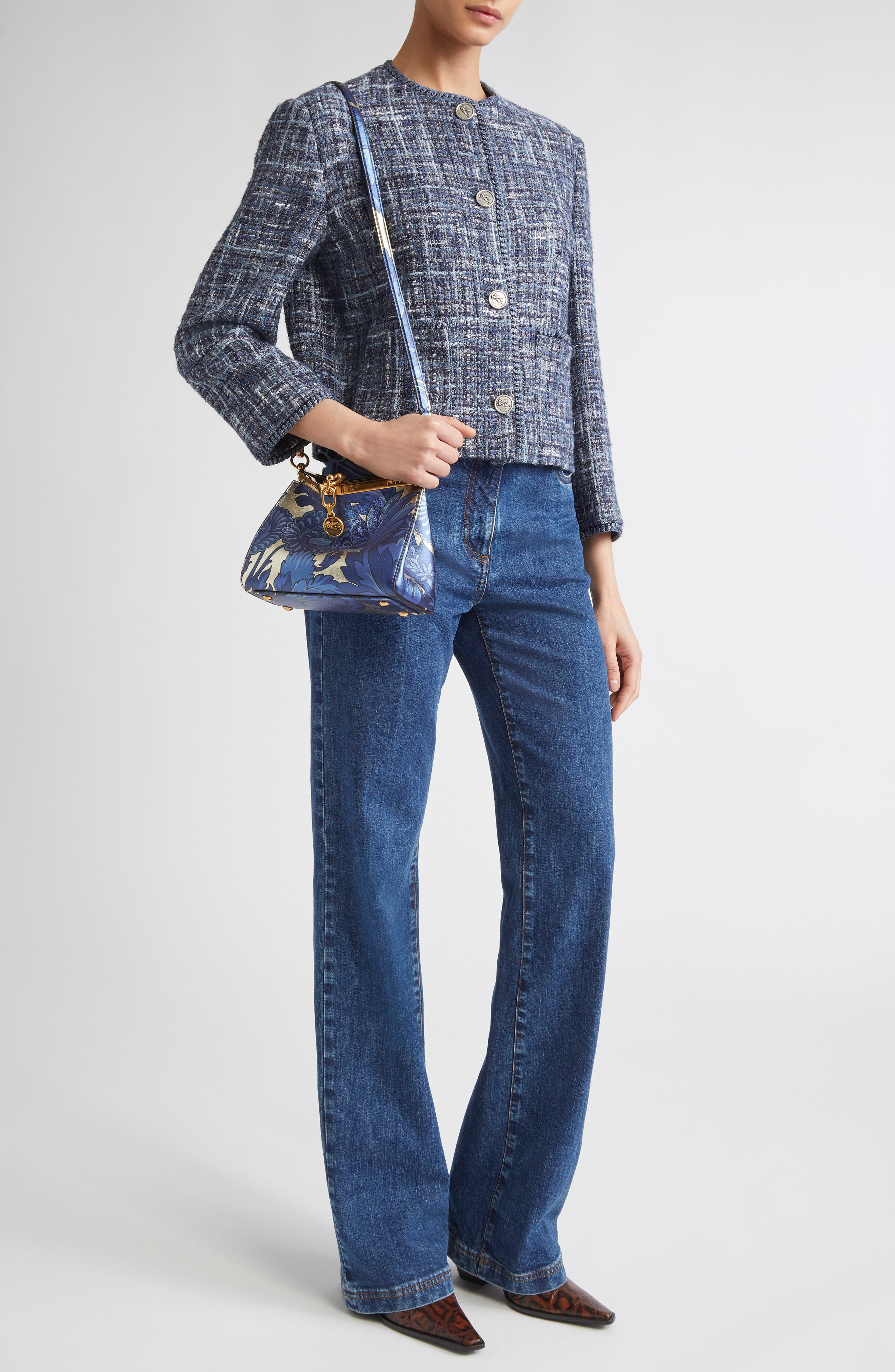 Etro Abstract Check Crop Bouclé Jacket in Multicolor Blue Base at Nordstrom - 2