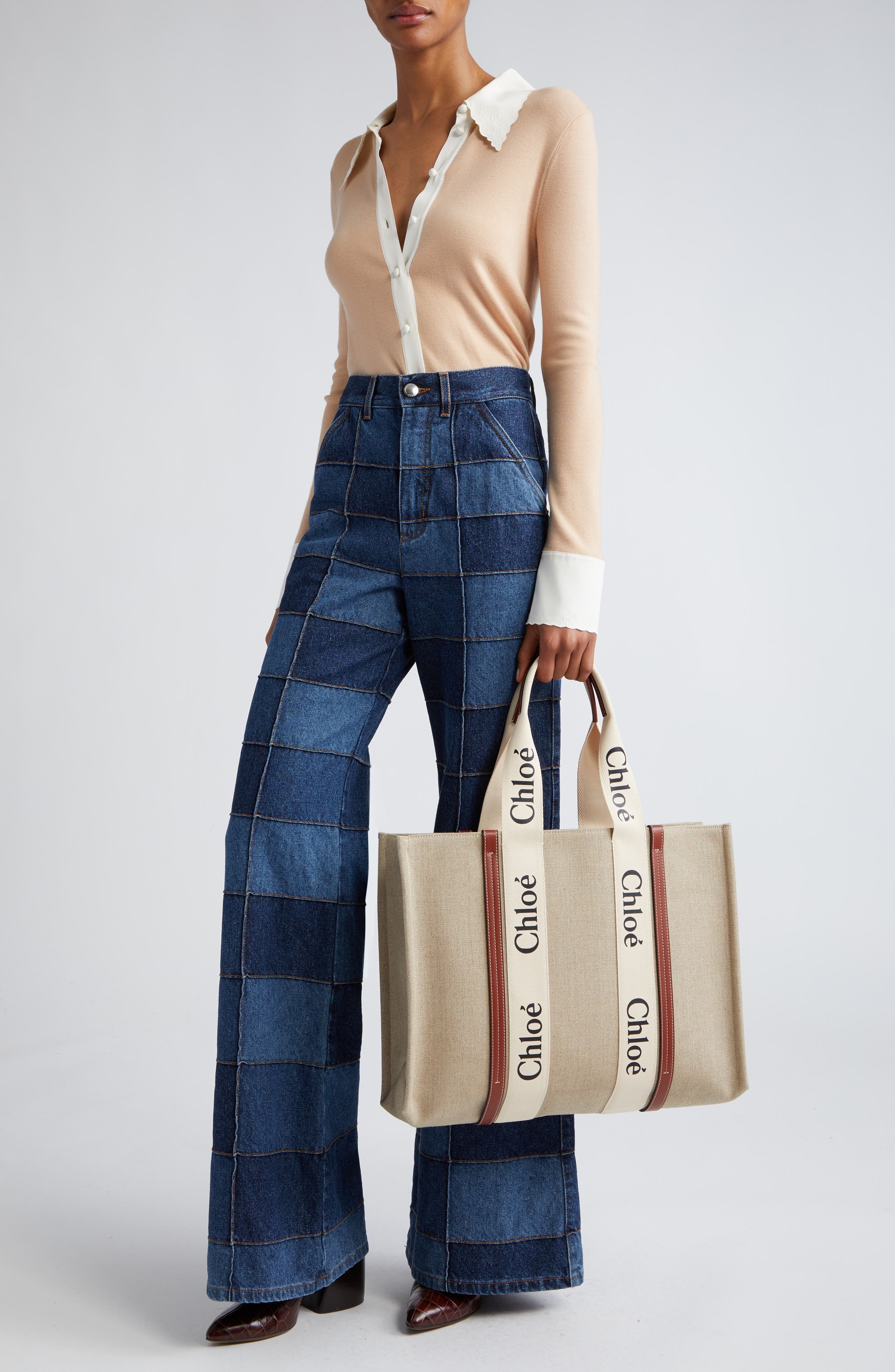 Chloé Large Woody Linen Tote in White - 2