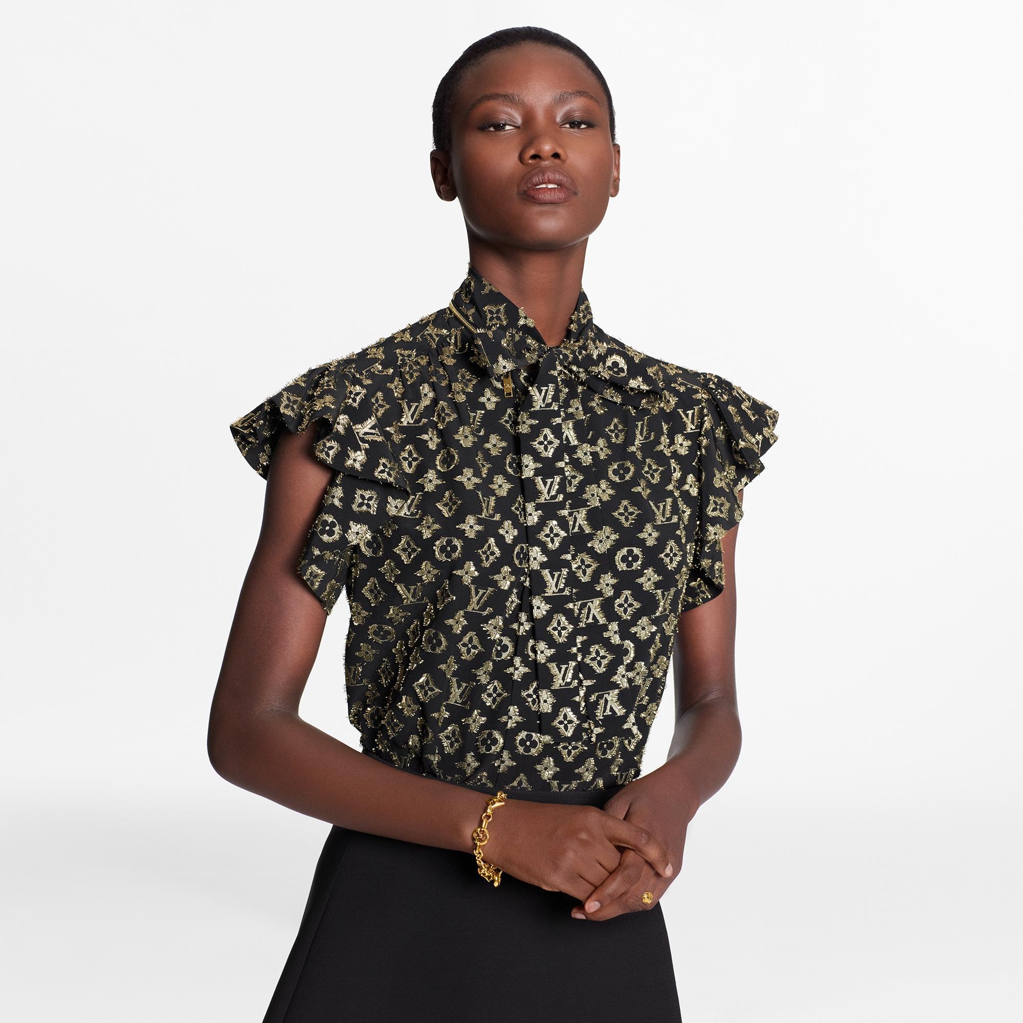 Short-Sleeved Gold And Black Monogram Blouse In Lurex Jacquard - 3