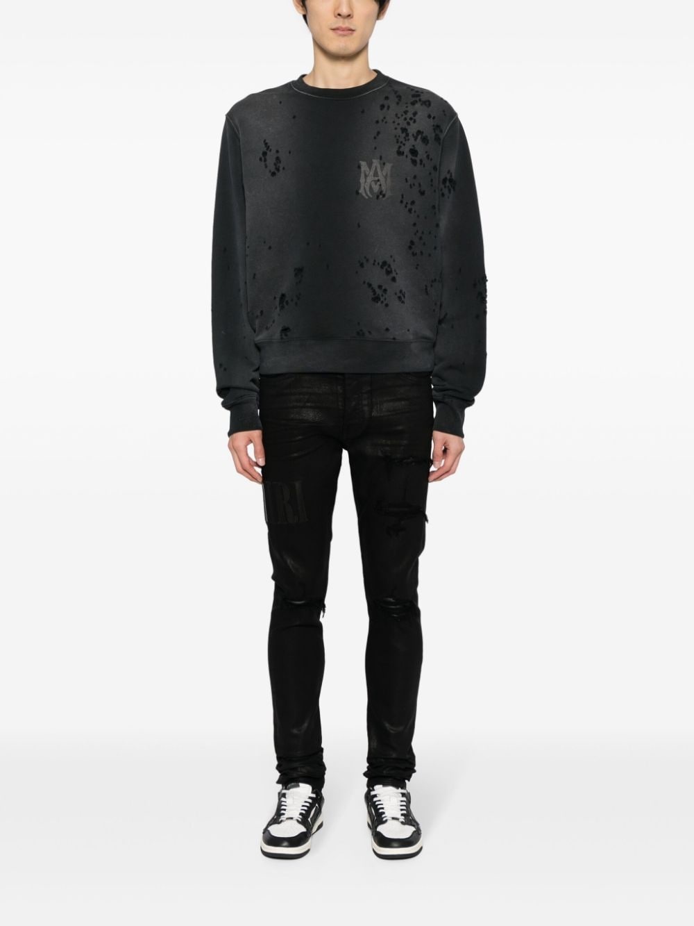 logo-embroidered distressed slim-cut jeans - 2