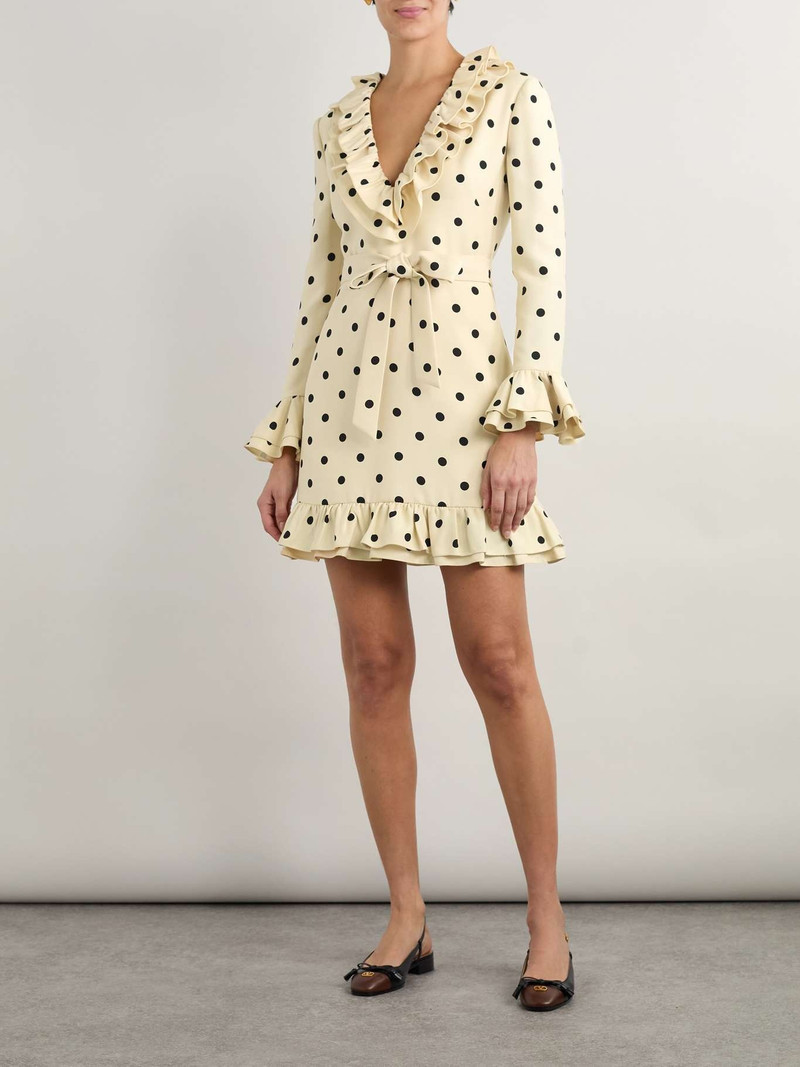 Valentino Belted ruffled polka-dot wool and silk-blend mini dress Off-white outlook