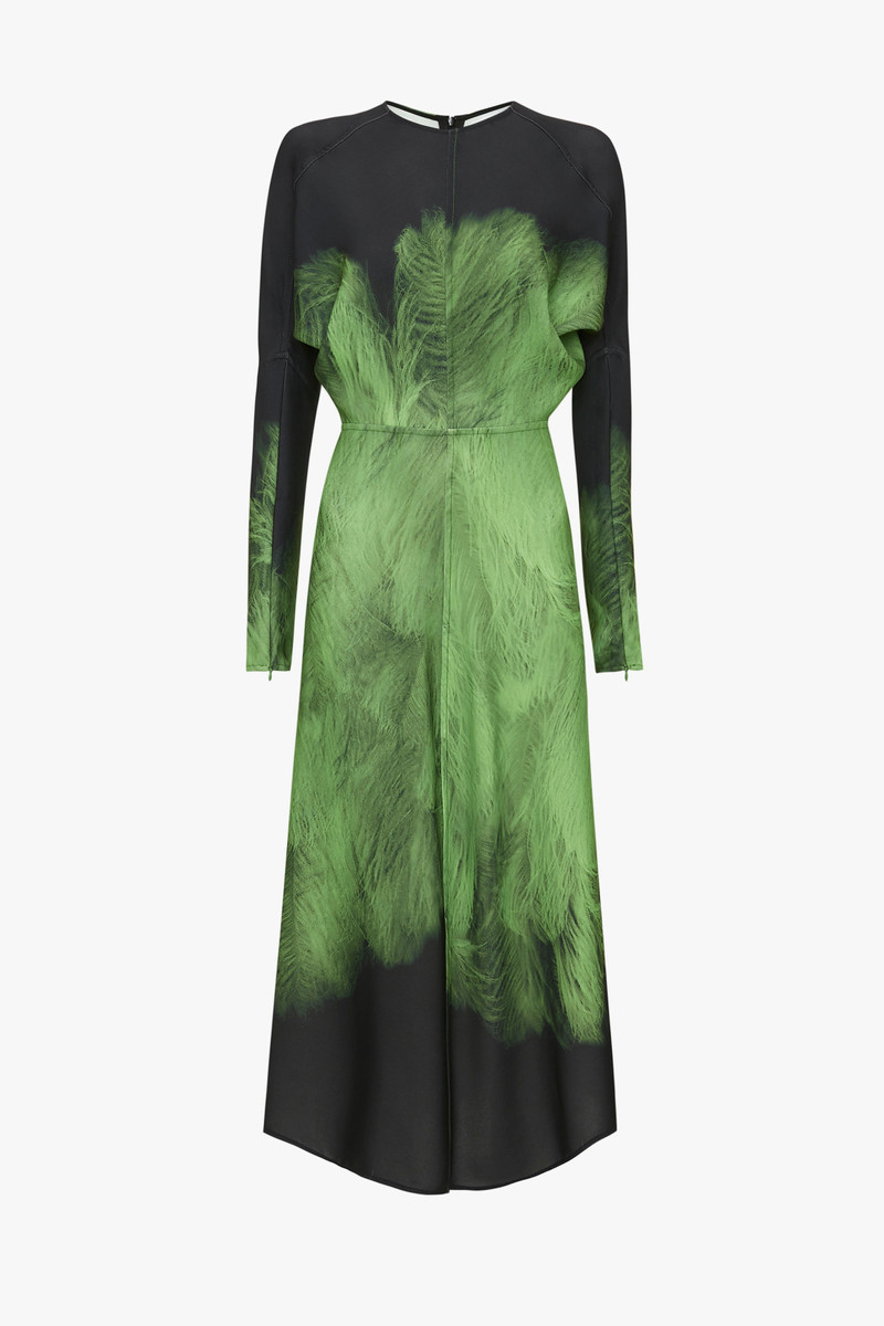 Victoria Beckham Dolman Midi Dress In Green Digital Feather Print -  1423WDR004988A-A/O-Feather---Green/Black-4 | REVERSIBLE