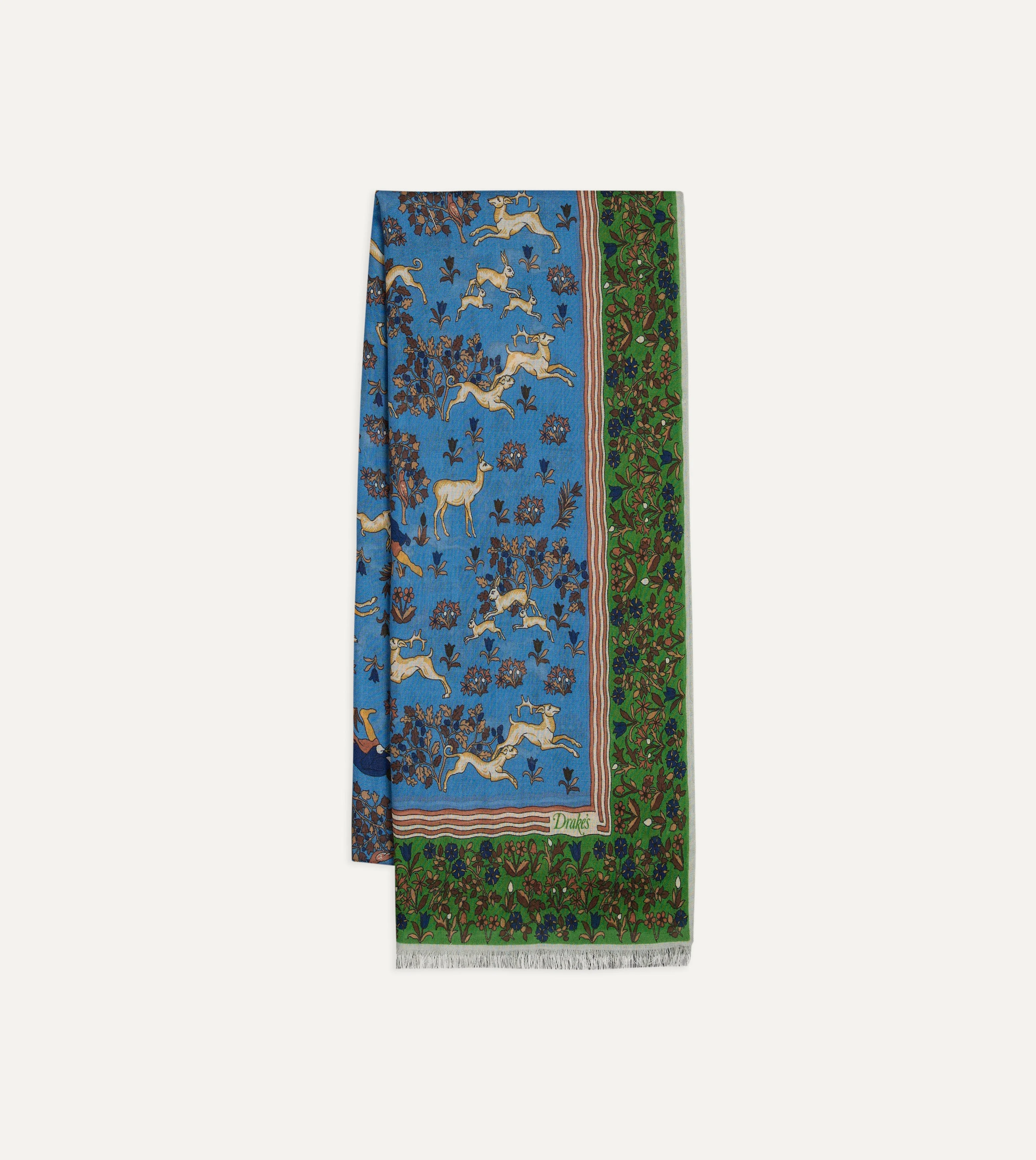 Blue Archival Animals Print Wool-Silk Scarf - 1
