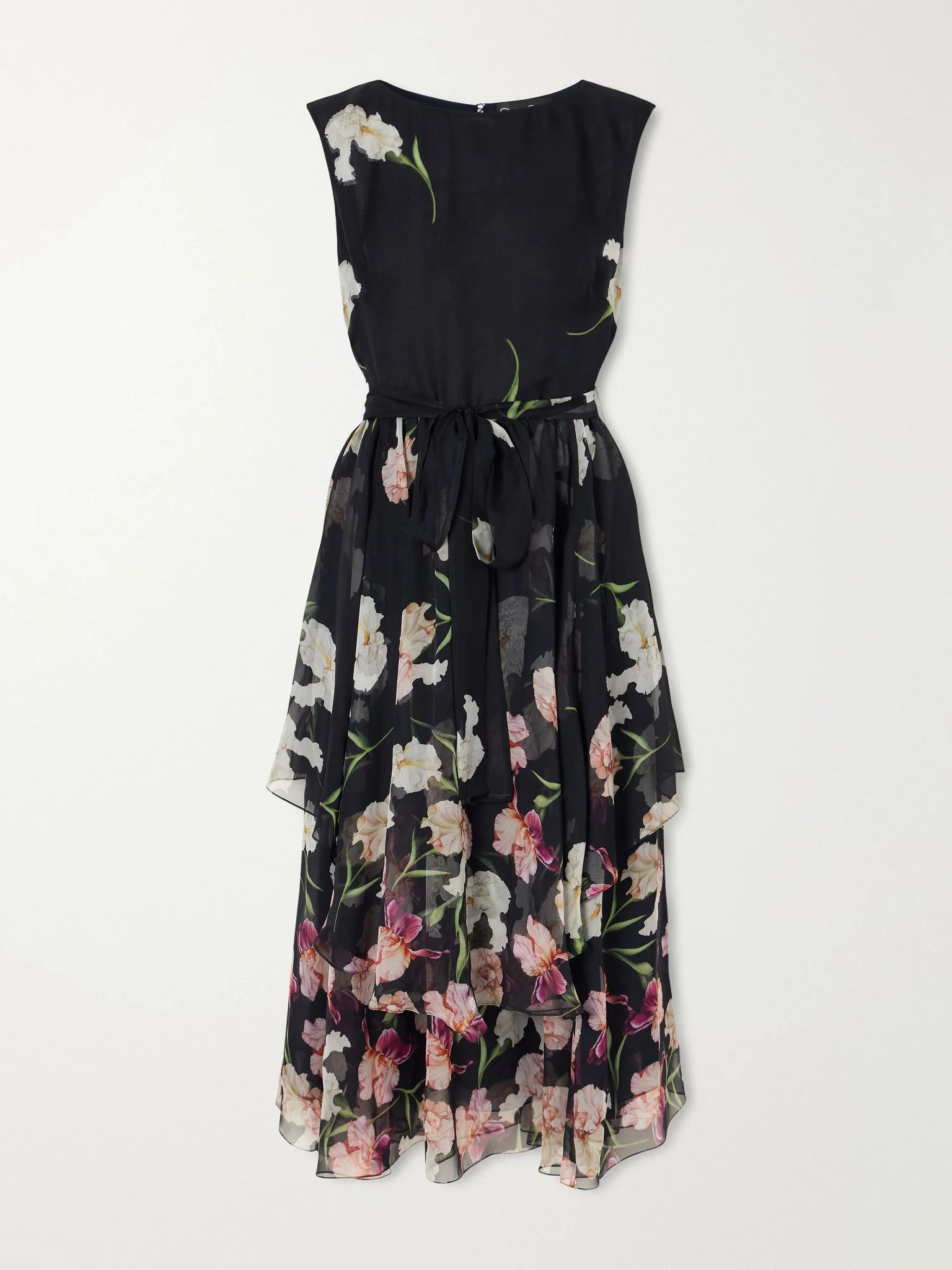 Belted tiered floral-print silk-chiffon midi dress Navy - 1