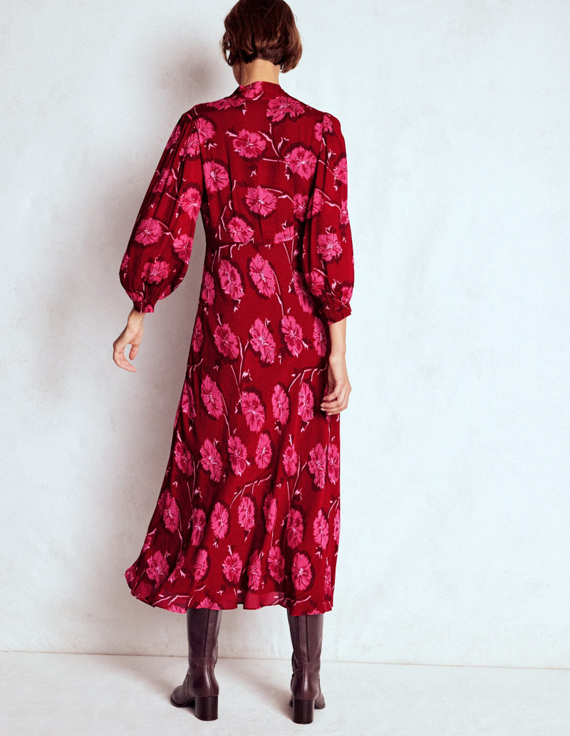Brooke Tie Neck Tea Dress-Cranberry Red, Delicate Vine 4