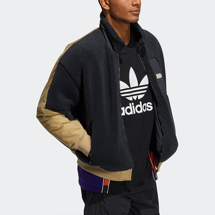 adidas Men s adidas originals Mr Sherpa Jkt Suede Splicing Stand Collar Logo Sports Jacket Black HC0374 REVERSIBLE