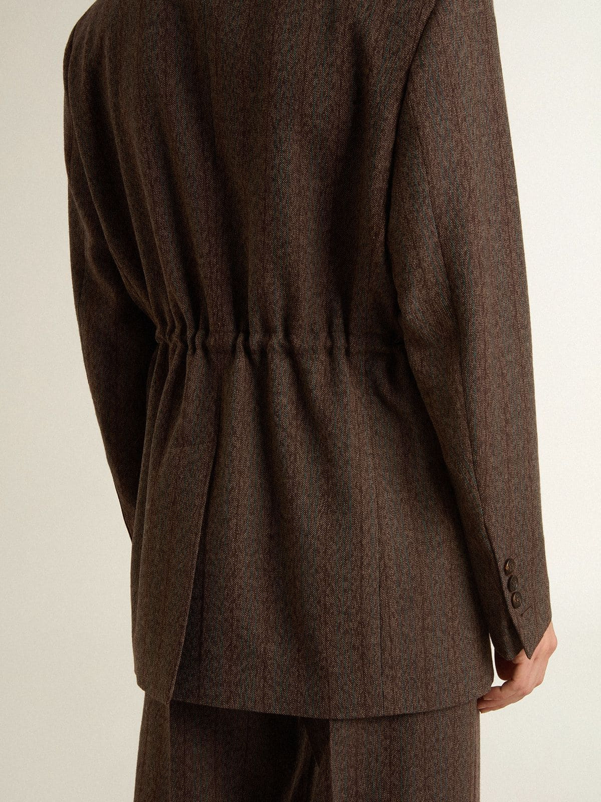 Women's double-breasted blazer in dark brown wool with thin stripe pattern - 6