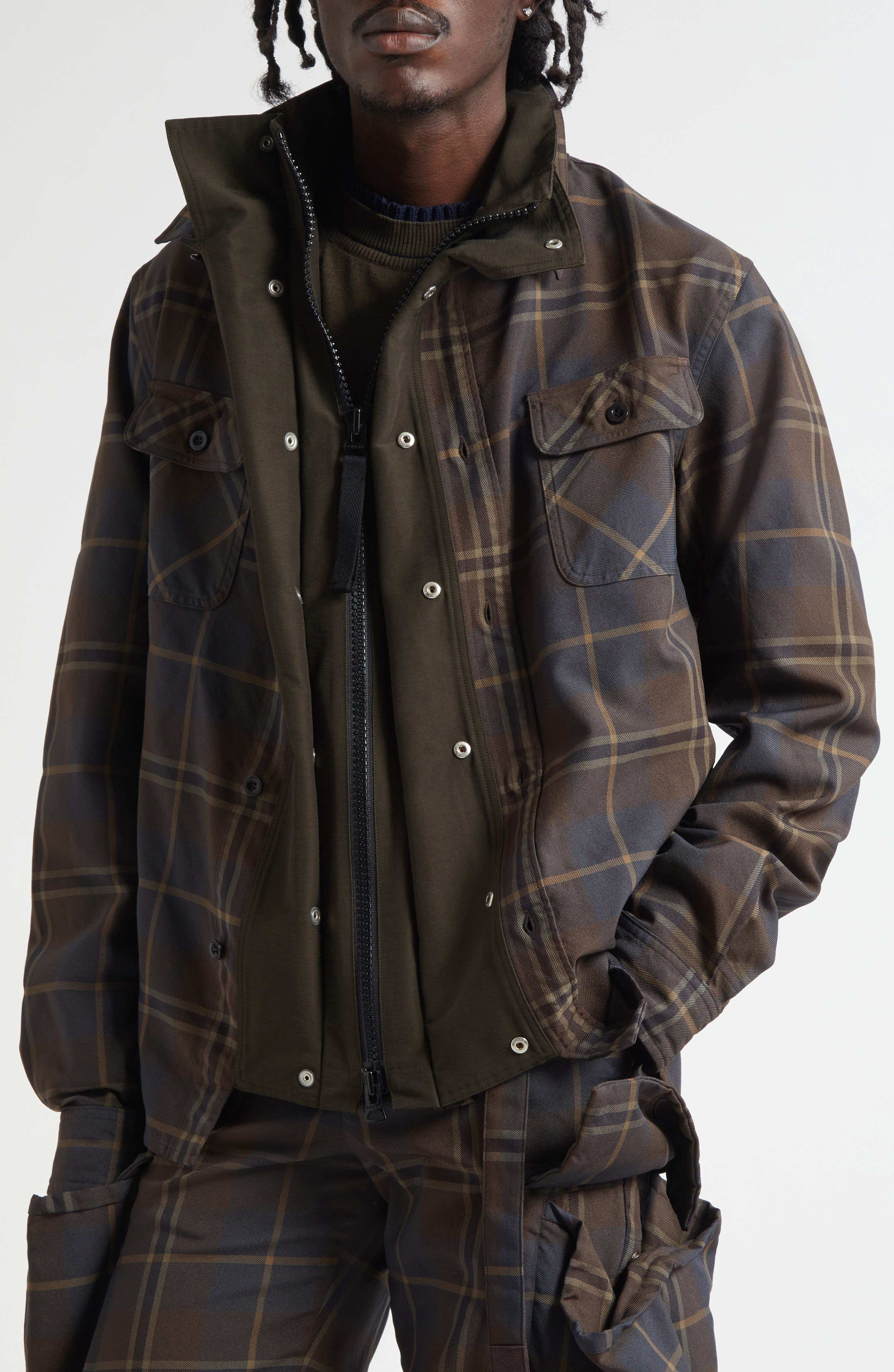 Sacai Plaid Shirt Jacket in Brown/Blue at Nordstrom - 5