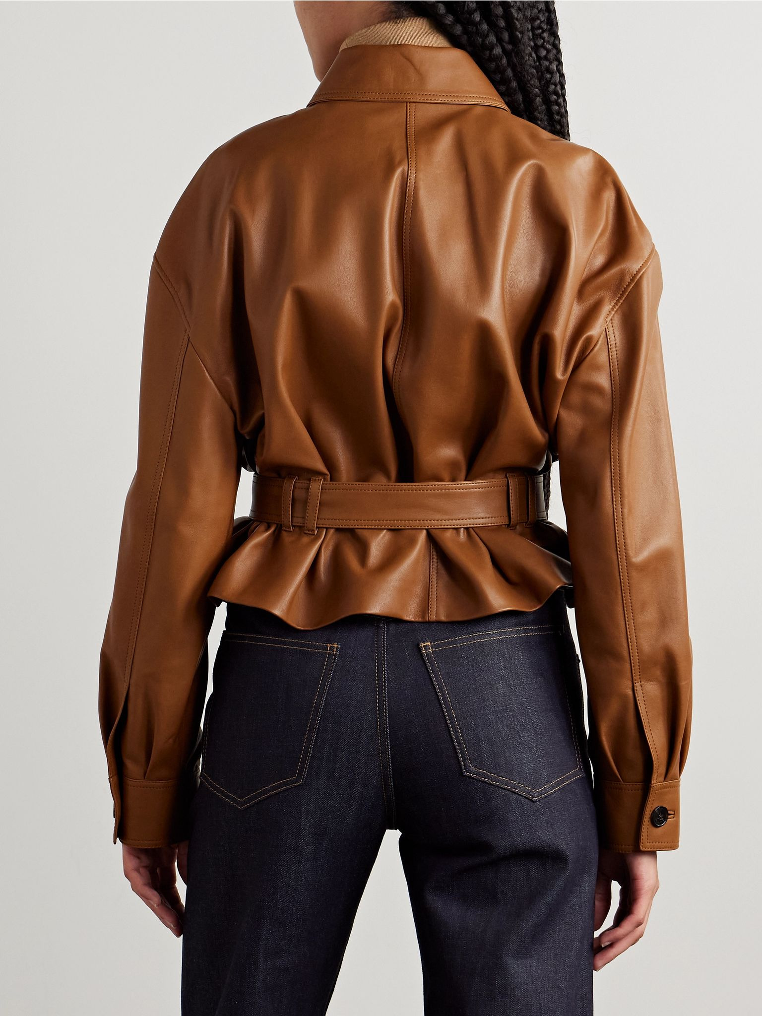 Belted leather jacket Brown - 3